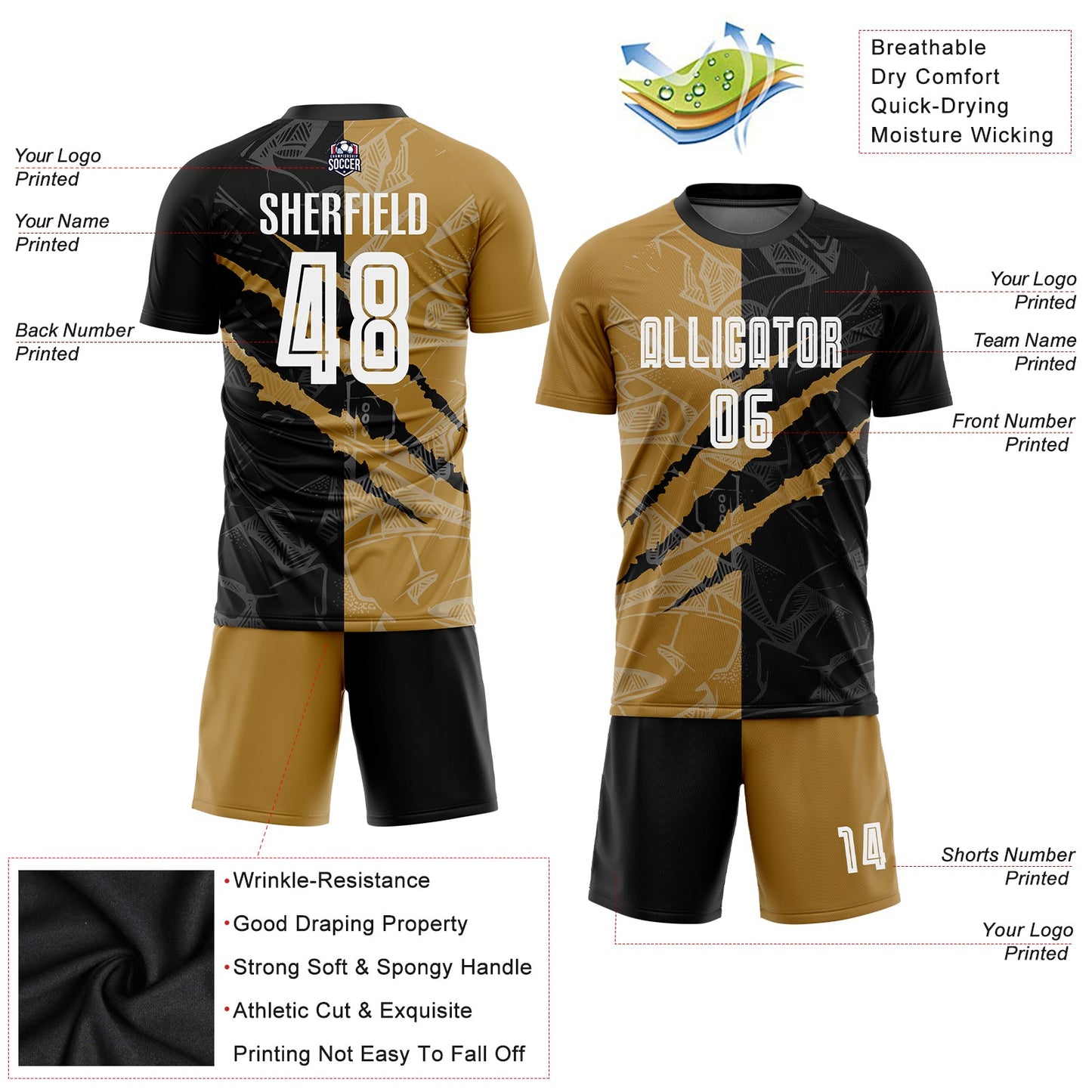 Custom Graffiti Pattern White Black-Old Gold Scratch Sublimation Soccer Uniform Jersey view 5