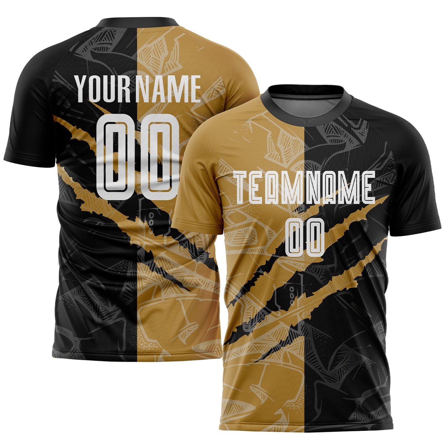 Custom Graffiti Pattern White Black-Old Gold Scratch Sublimation Soccer Uniform Jersey - Main View