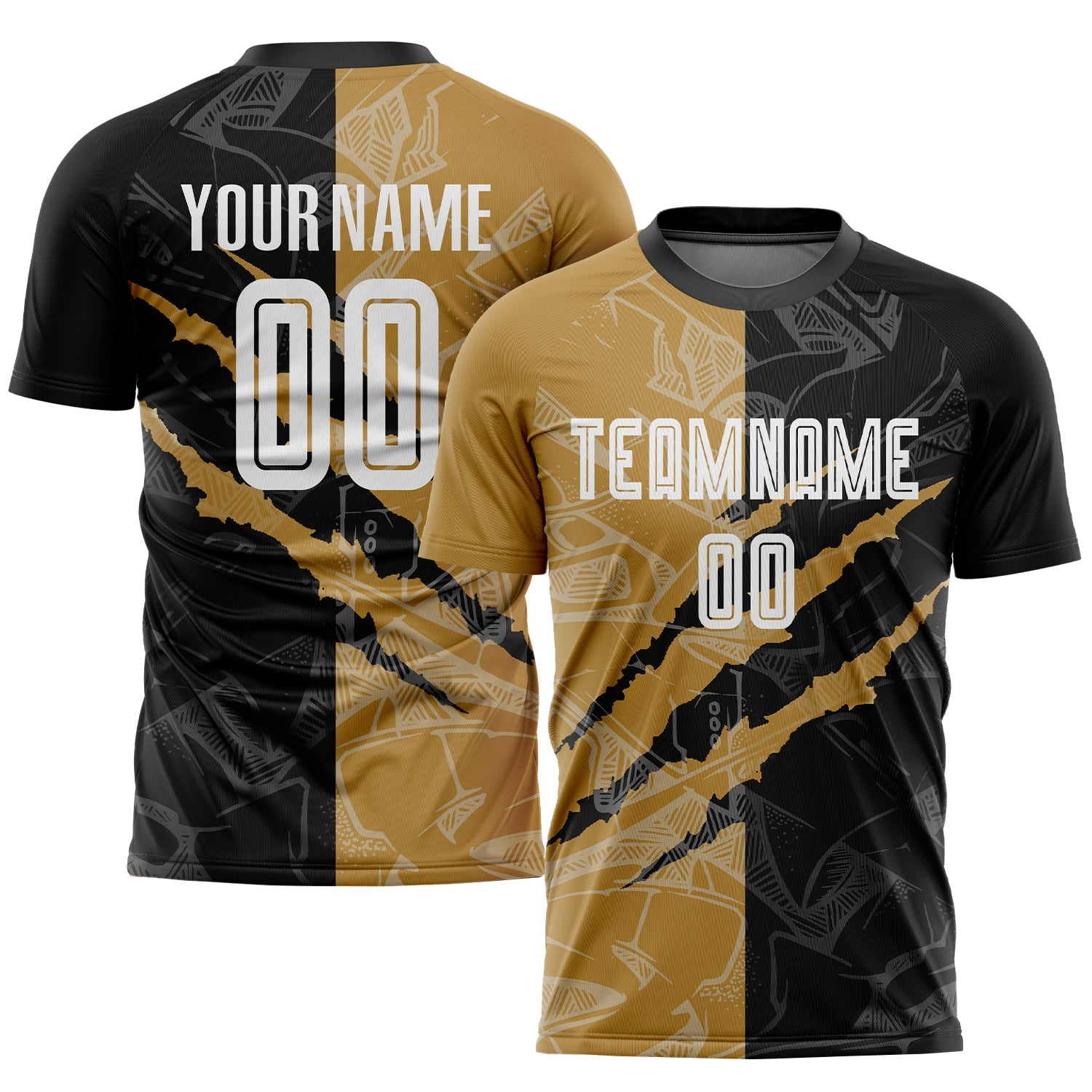 Custom Graffiti Pattern White Black-Old Gold Scratch Sublimation Soccer Uniform Jersey - Main View
