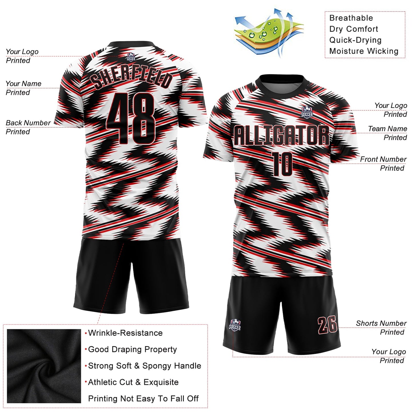Custom White Black-Red Sublimation Soccer Uniform Jersey view 3