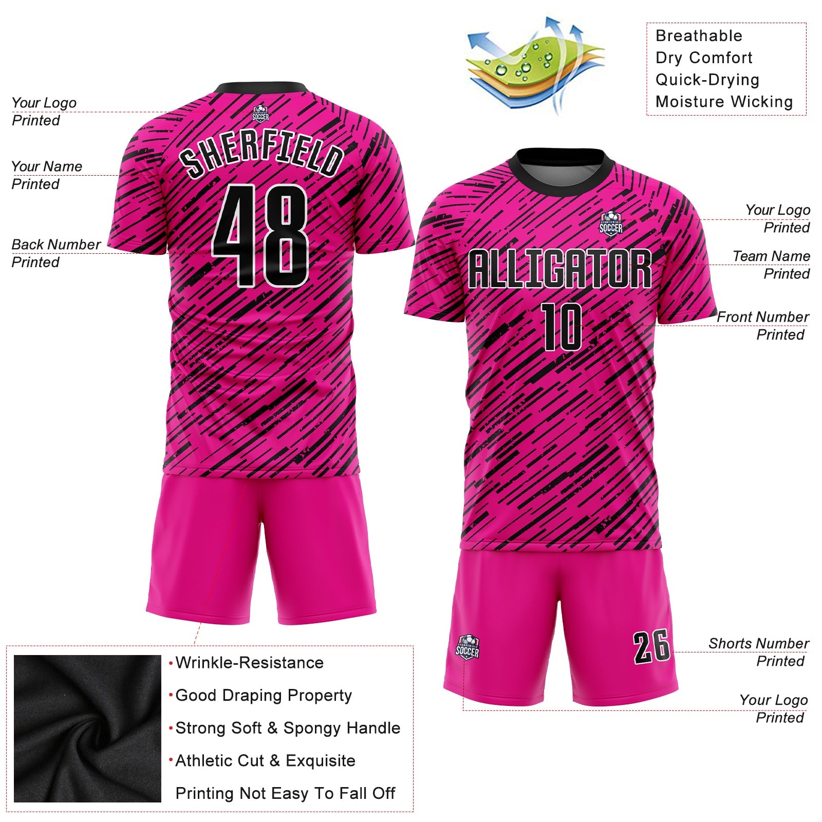 Custom Pink Black-White Sublimation Soccer Uniform Jersey view 6