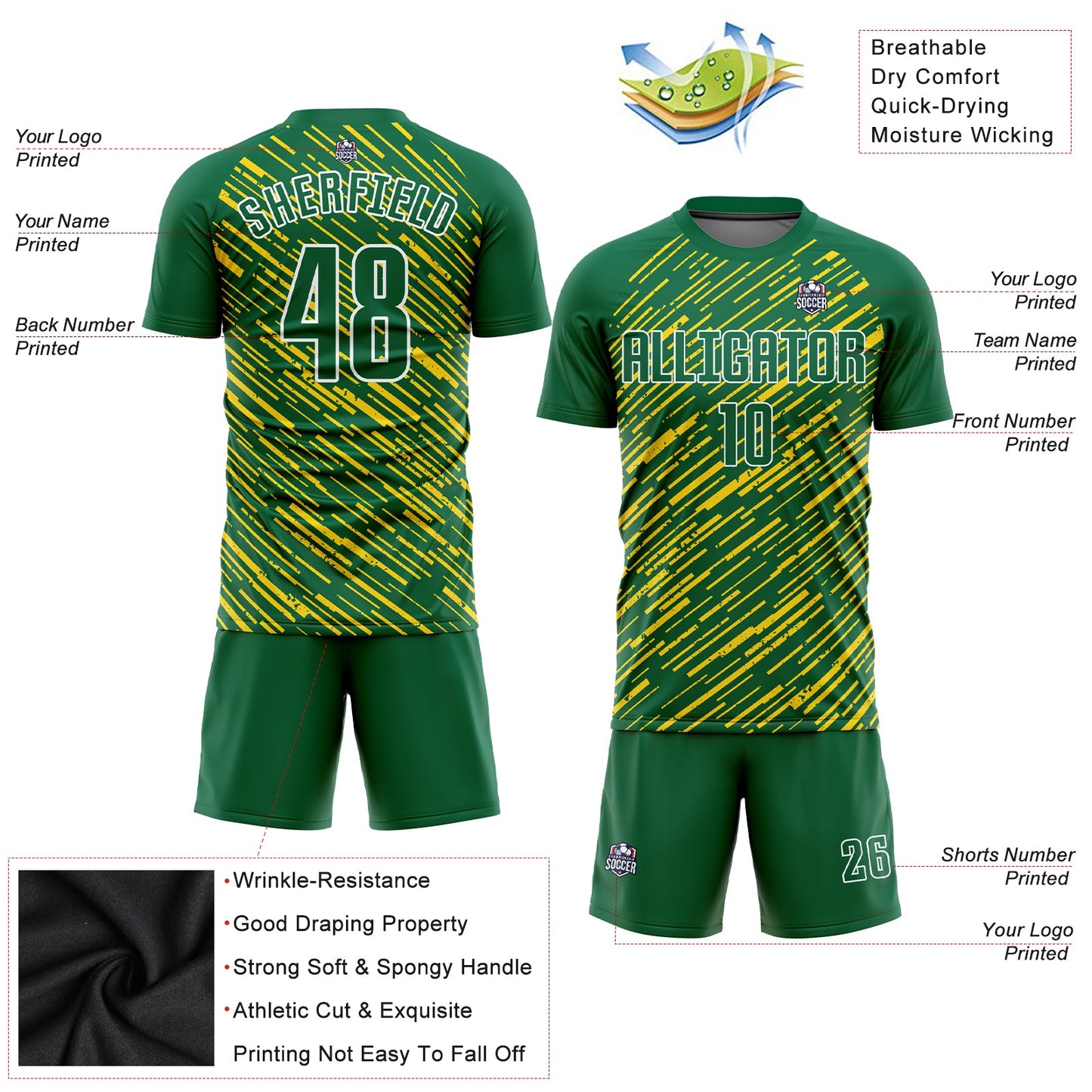Custom Kelly Green Kelly Green-Gold Sublimation Soccer Uniform Jersey view 3