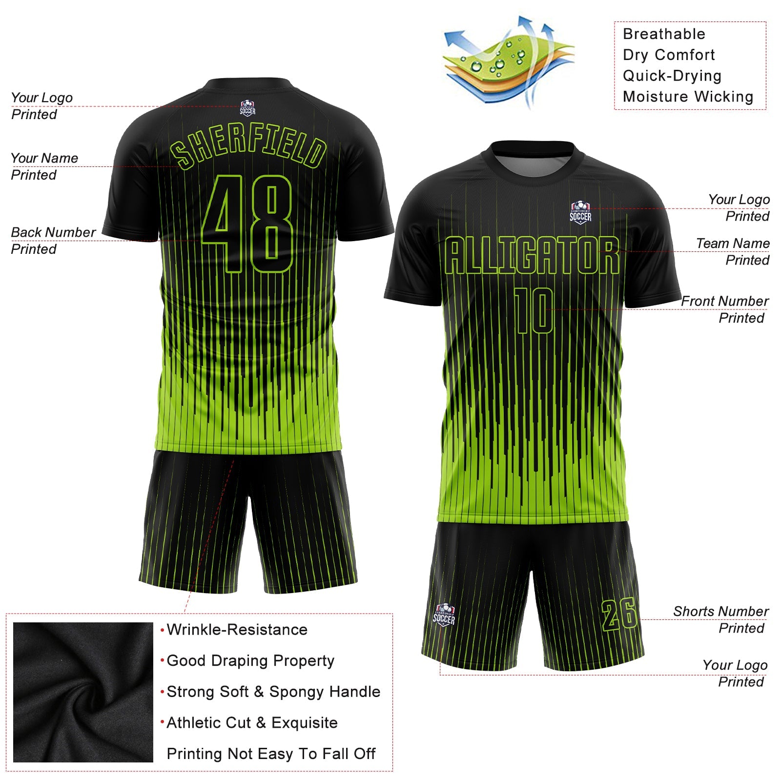 Custom Neon Green Black Sublimation Soccer Uniform Jersey view 3