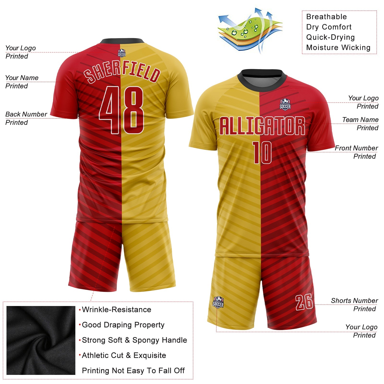 Custom Gold Red-White Sublimation Soccer Uniform Jersey view 3