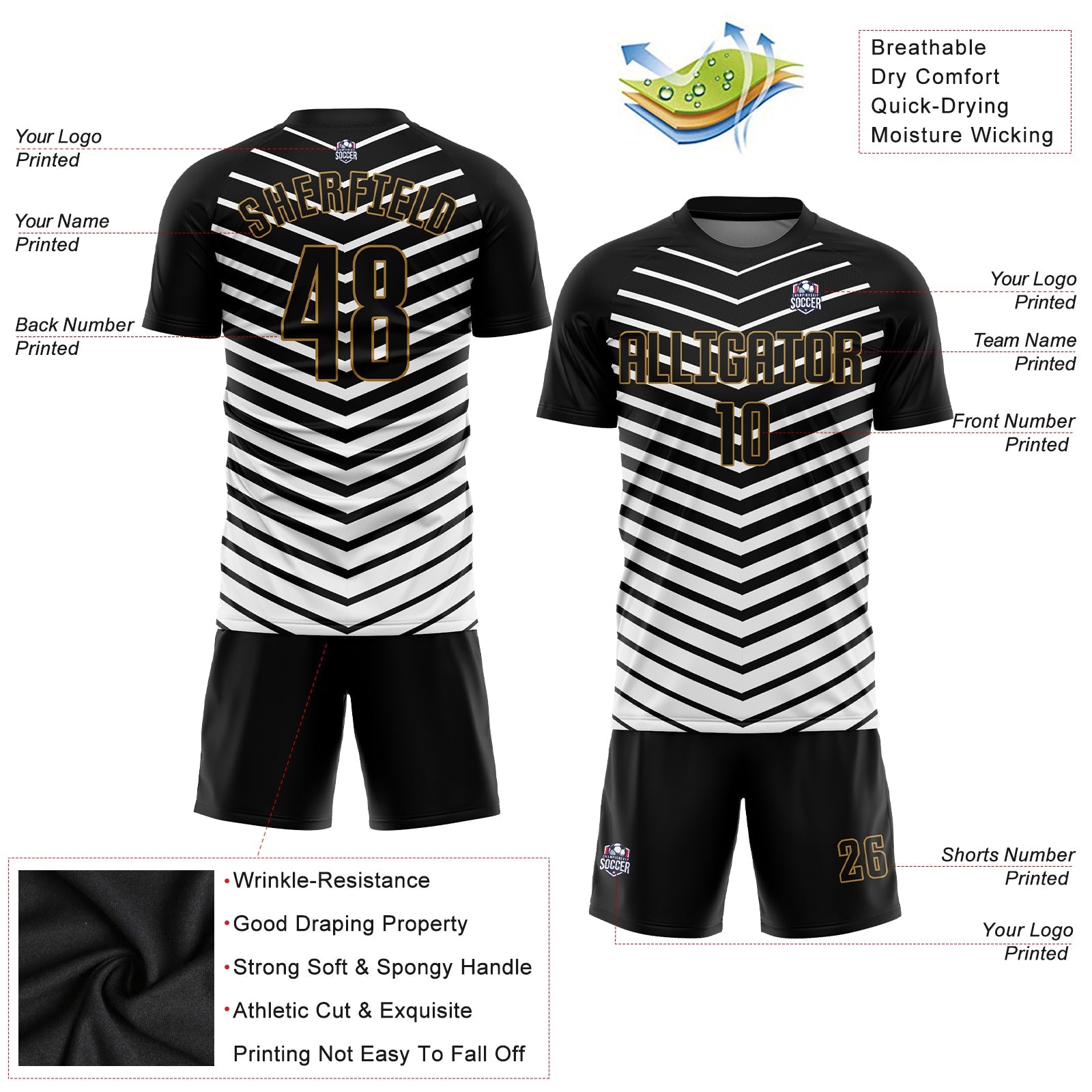 Custom White Black-Old Gold Sublimation Soccer Uniform Jersey view 3
