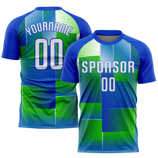 Custom Royal White-Kelly Green Sublimation Soccer Uniform Jersey - Main View