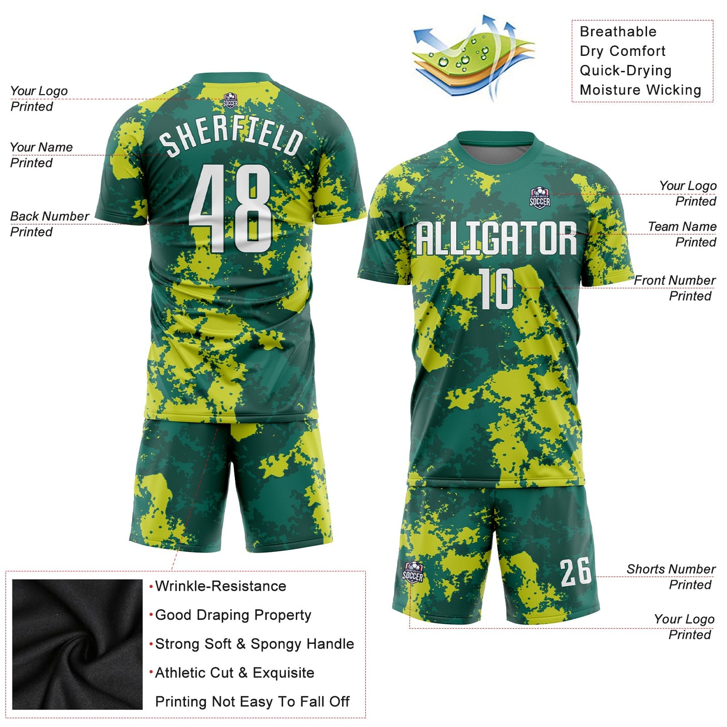 Custom Kelly Green White-Neon Green Sublimation Soccer Uniform Jersey view 3