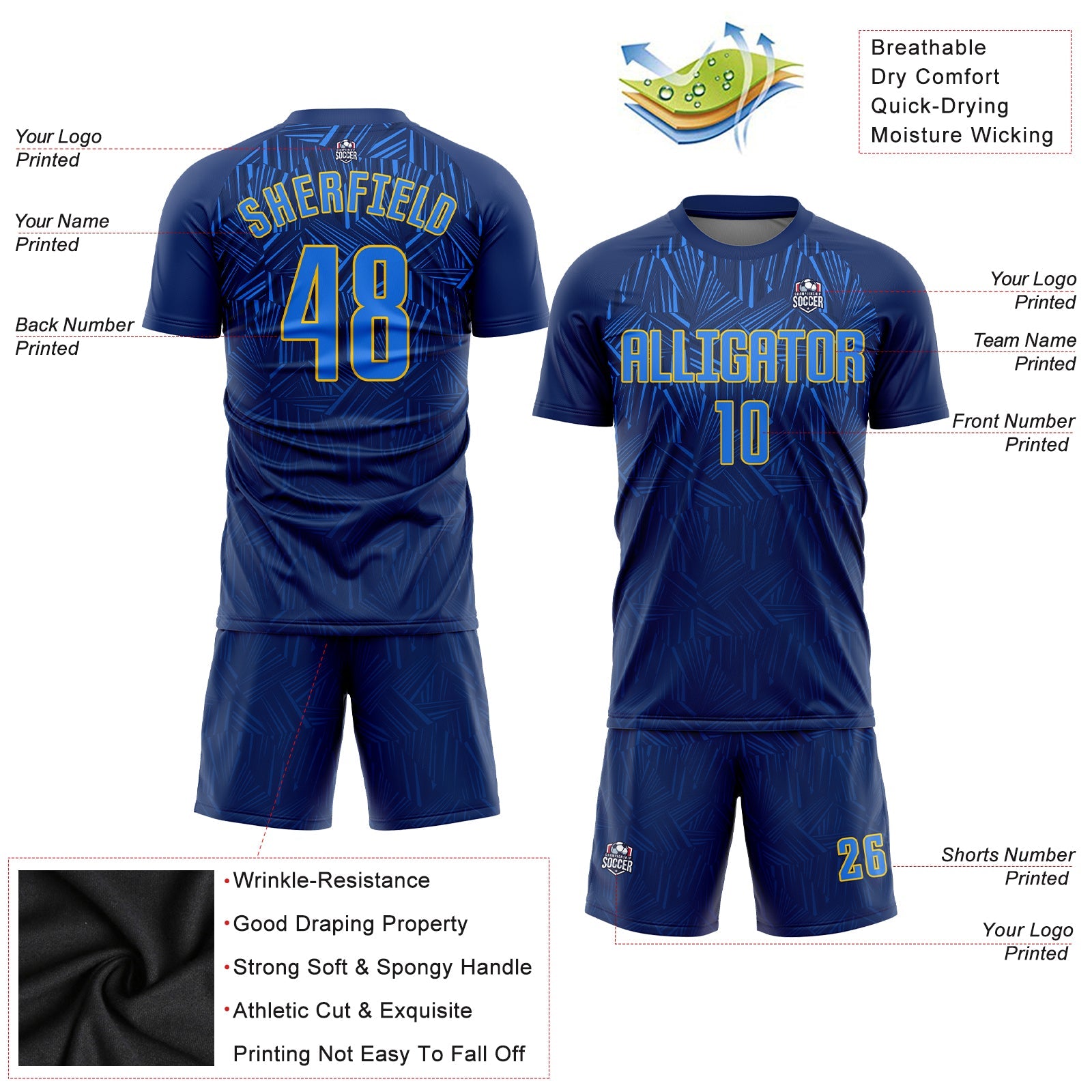 Custom Navy Royal-Gold Sublimation Soccer Uniform Jersey view 3