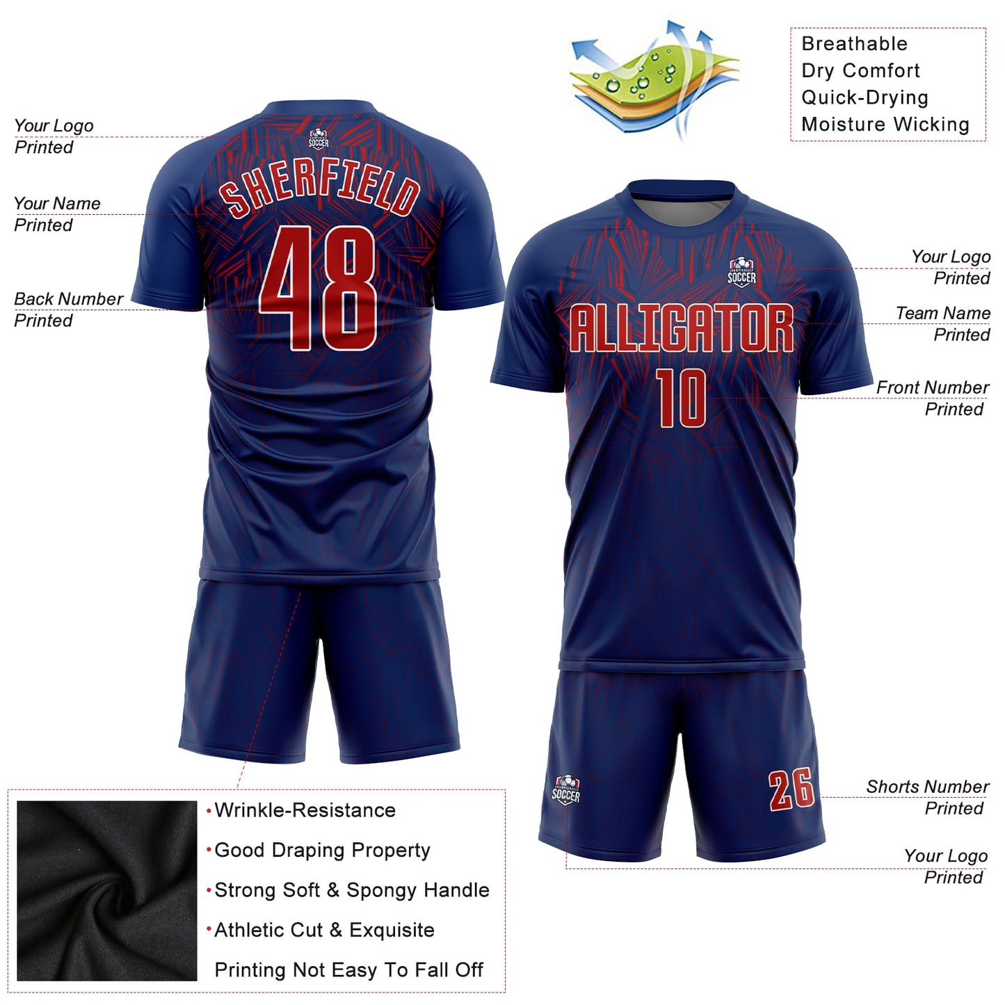Custom Navy Red-Cream Sublimation Soccer Uniform Jersey view 3