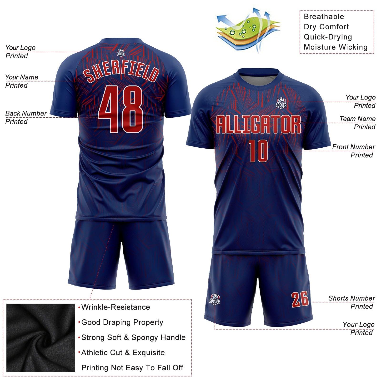 Custom Navy Red-Cream Sublimation Soccer Uniform Jersey view 3