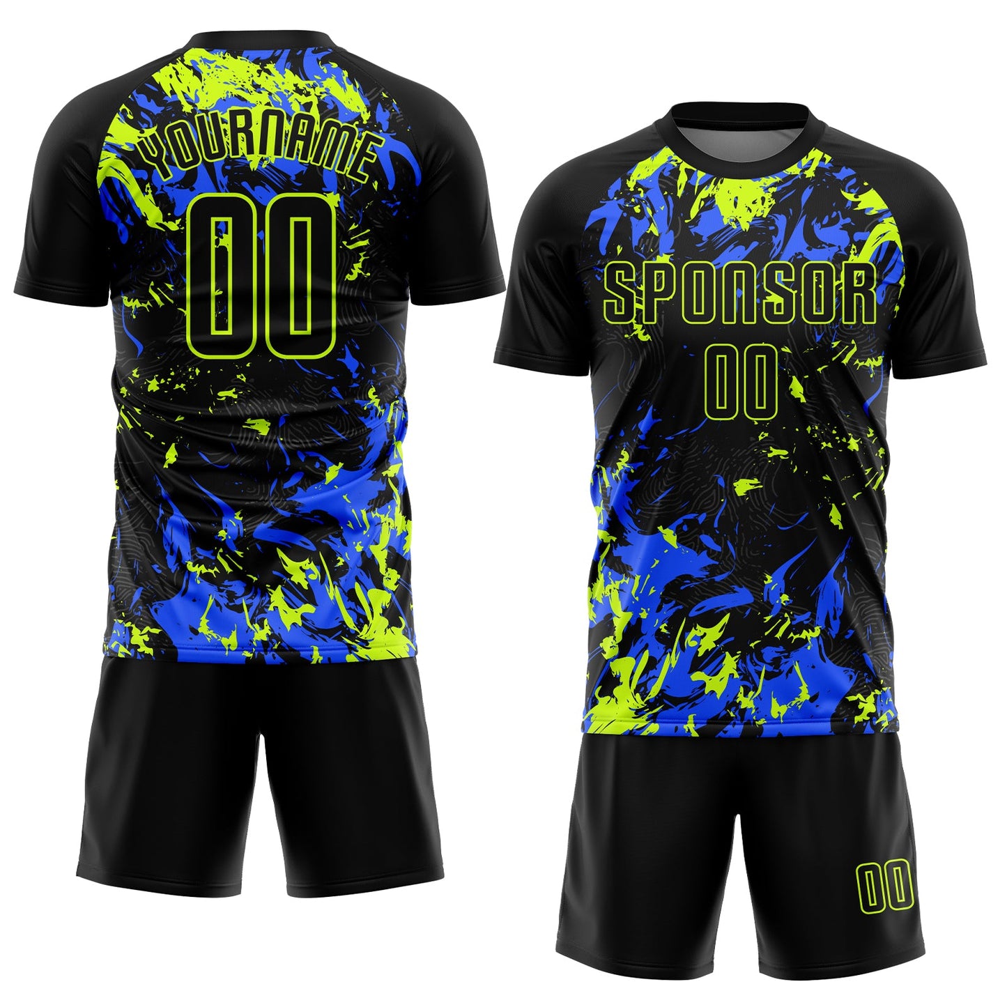 Custom Black Black Neon Green-Royal Sublimation Soccer Uniform Jersey view 2