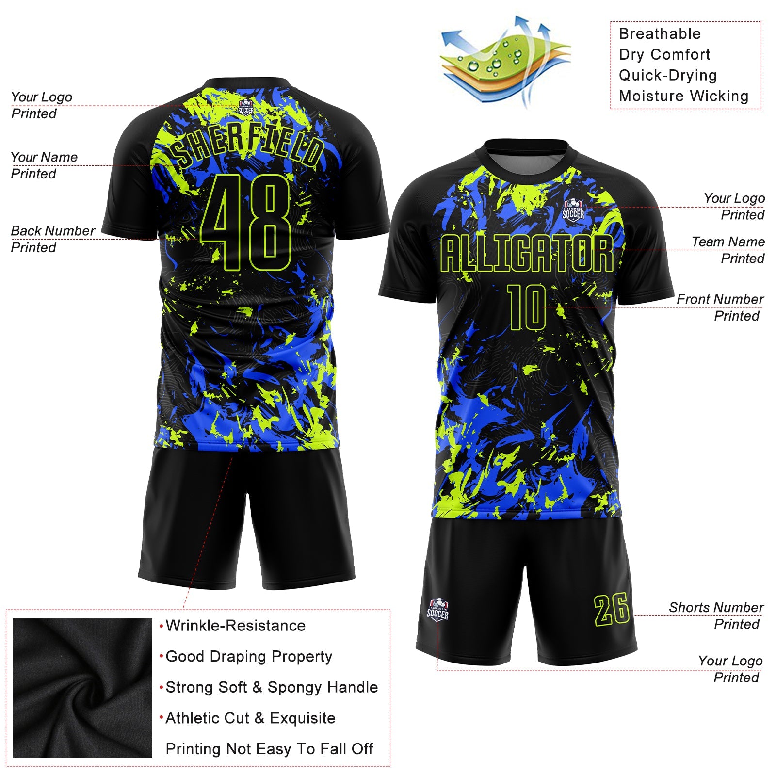 Custom Black Black Neon Green-Royal Sublimation Soccer Uniform Jersey view 5