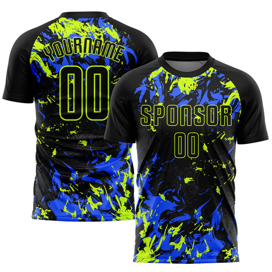 Custom Black Black Neon Green-Royal Sublimation Soccer Uniform Jersey - Main View