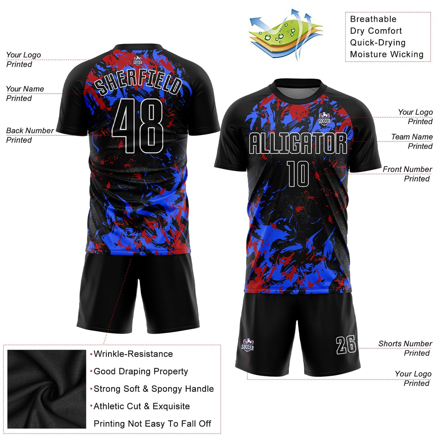 Custom Black Black Royal-Red Sublimation Soccer Uniform Jersey view 3