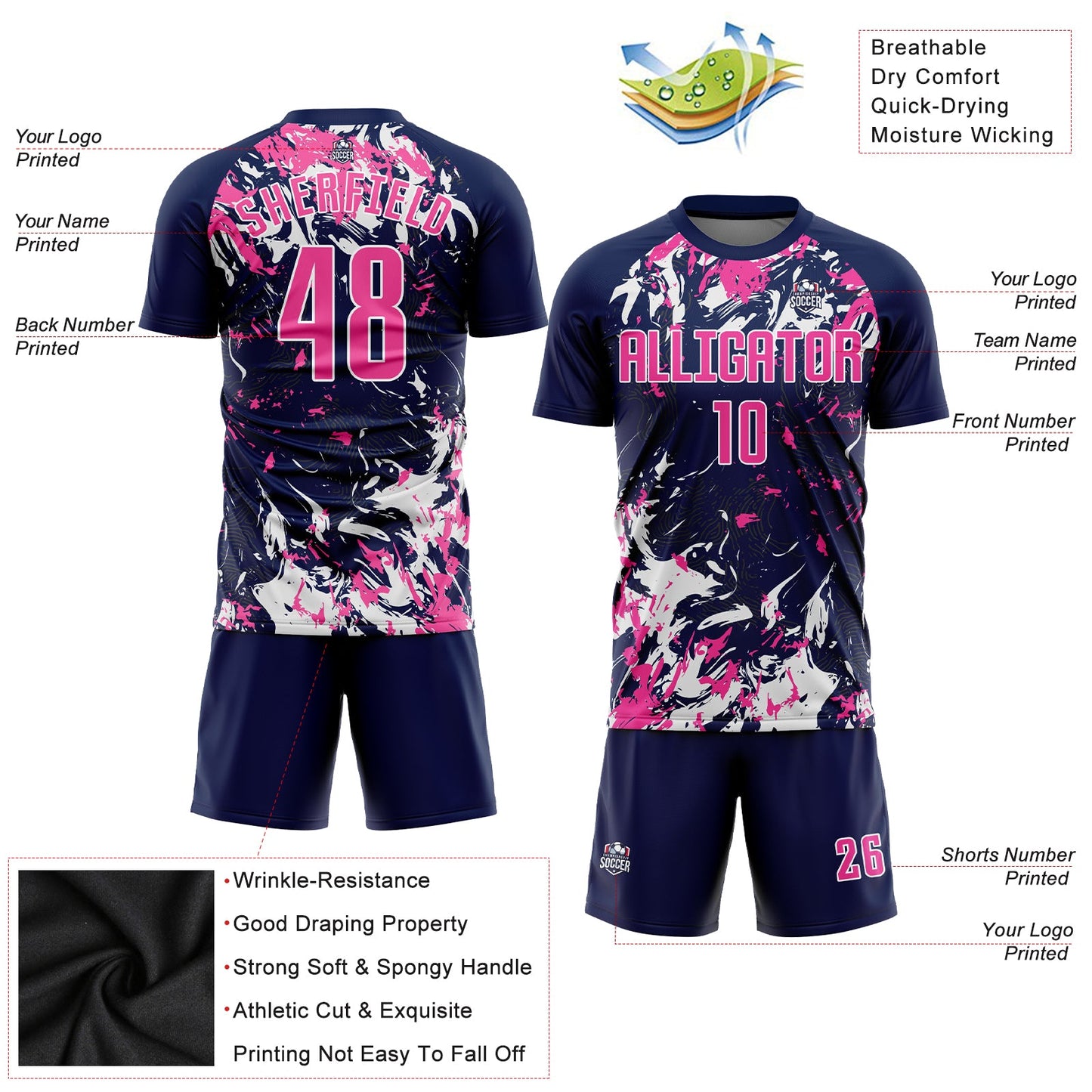 Custom Navy Pink-White Sublimation Soccer Uniform Jersey view 3