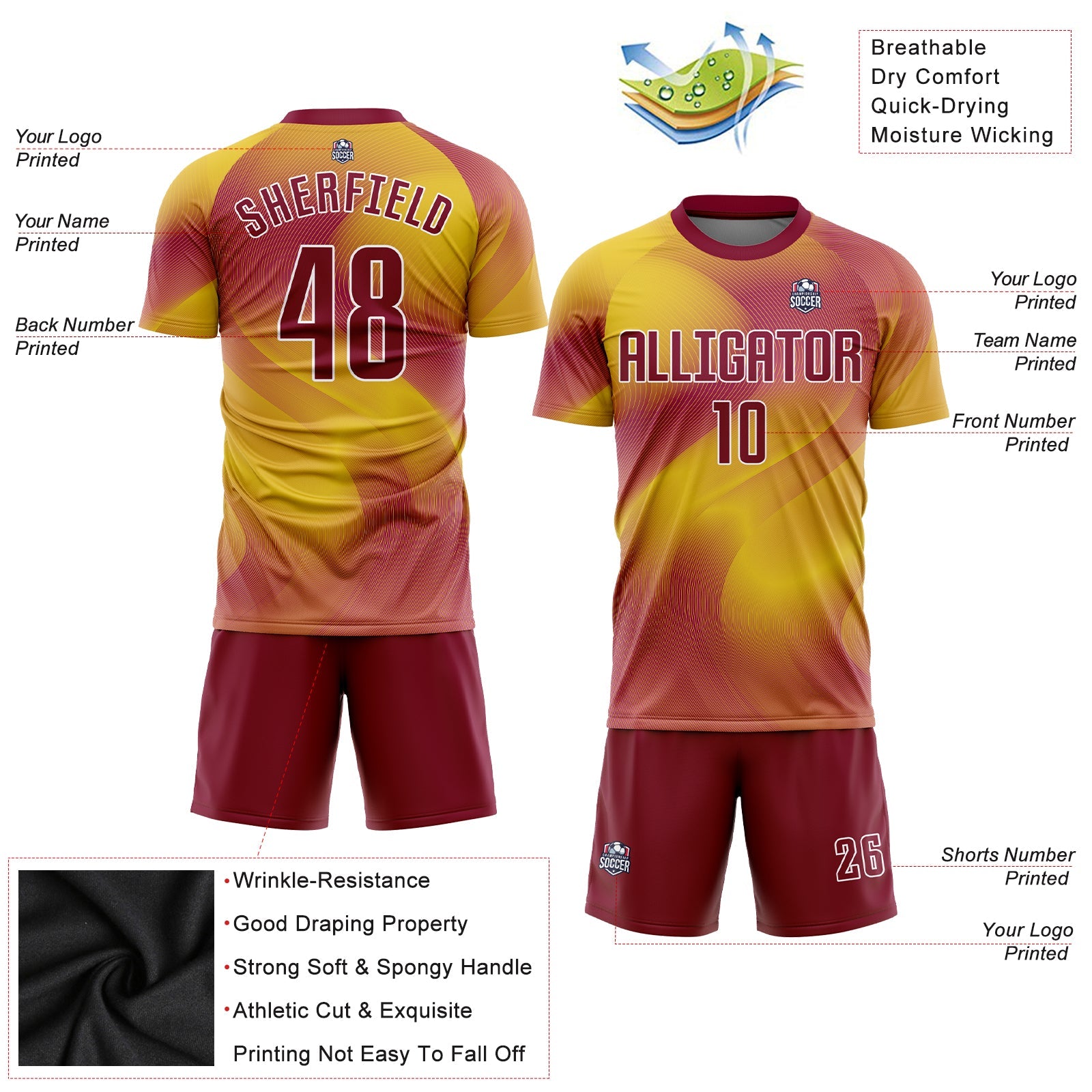 Custom Gold Crimson-White Sublimation Soccer Uniform Jersey view 3