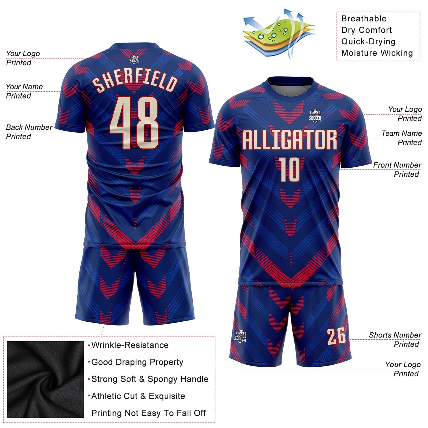 Custom Royal Cream-Red Sublimation Soccer Uniform Jersey view 3