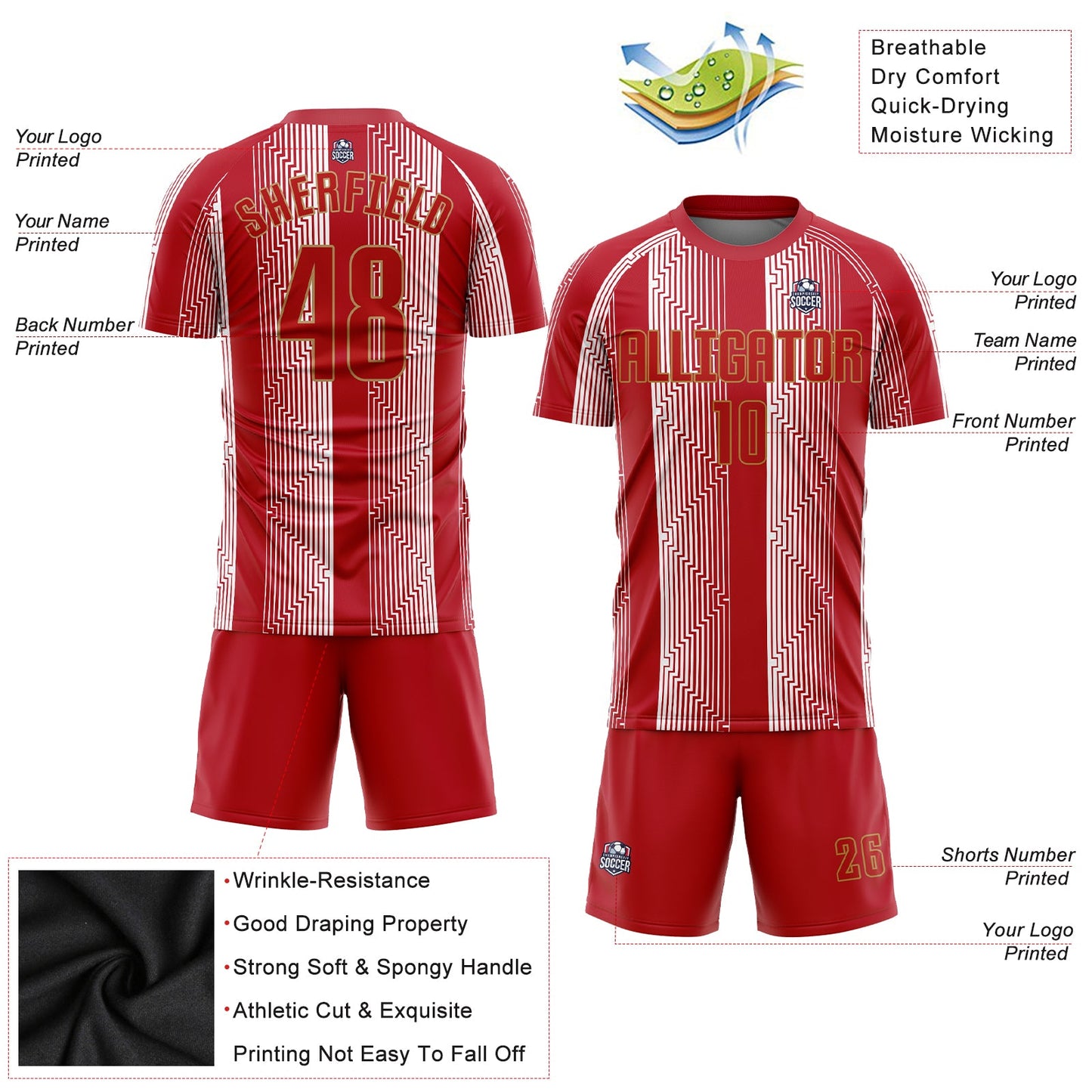 Custom Red Red-Old Gold Sublimation Soccer Uniform Jersey view 3