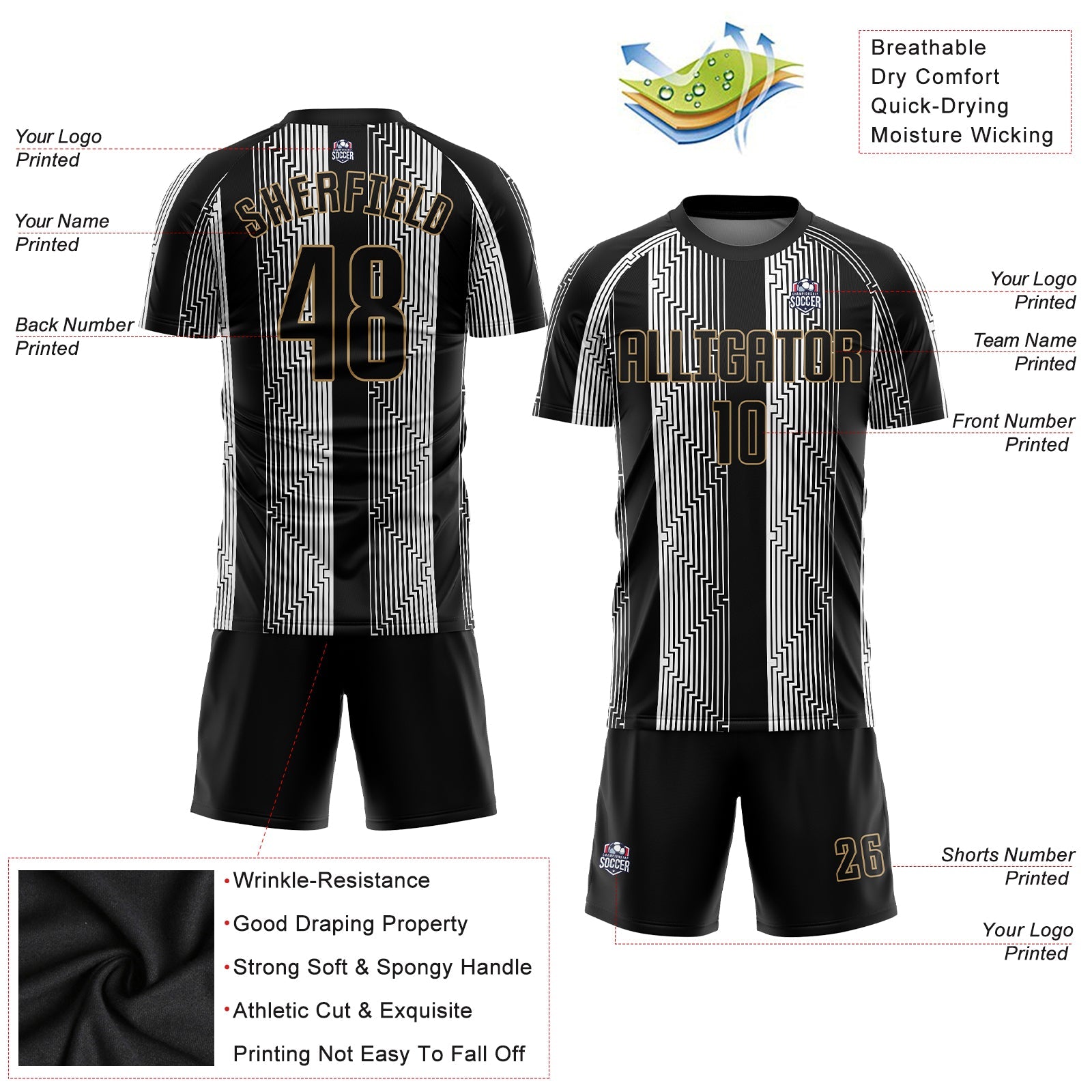 Custom Black Black-Old Gold Sublimation Soccer Uniform Jersey view 3