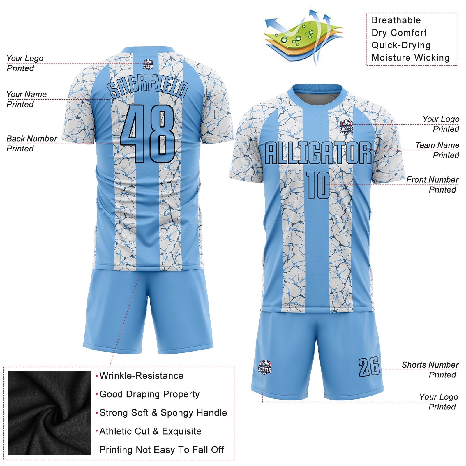 Custom Light Blue Black-White Sublimation Soccer Uniform Jersey view 3