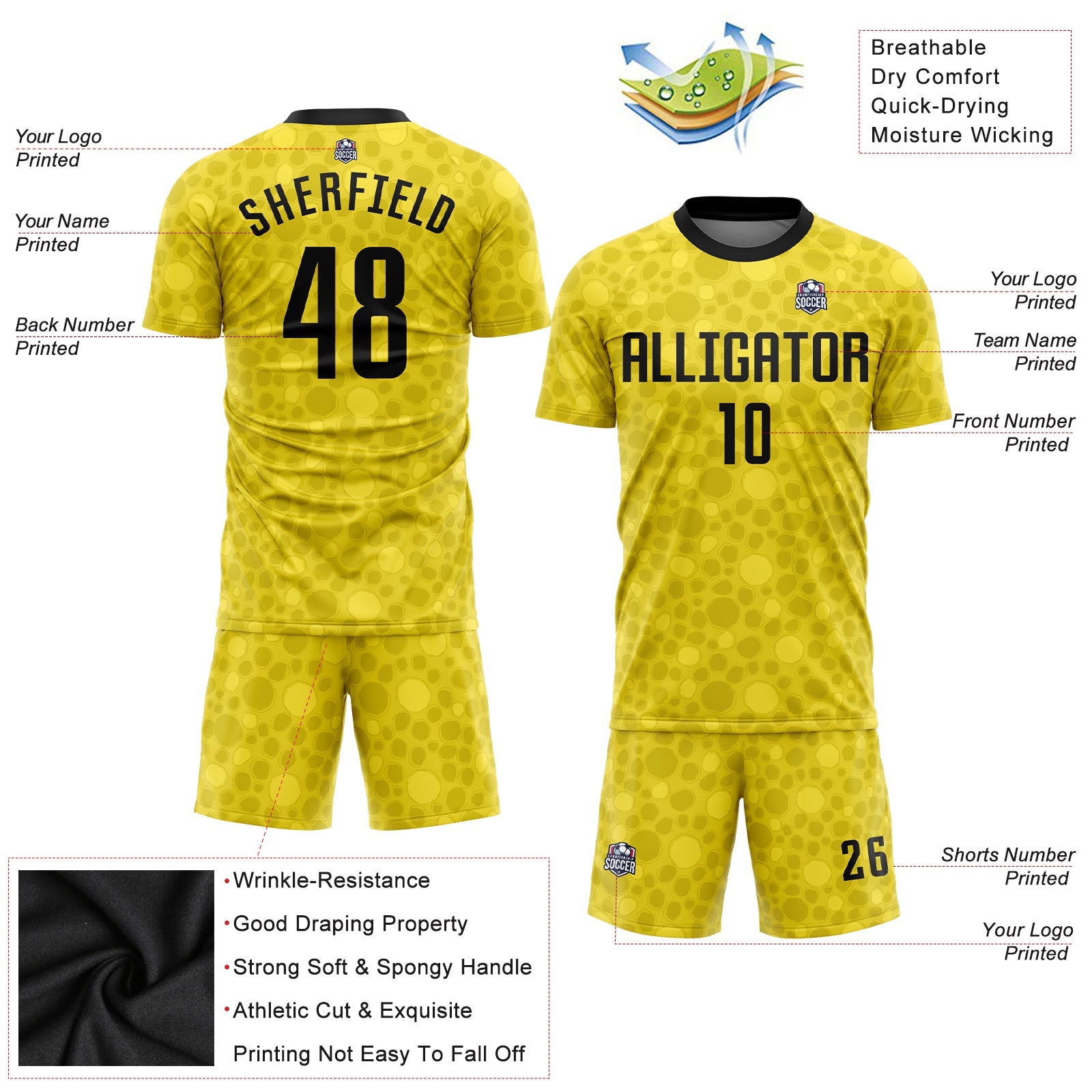 Custom Gold Black Sublimation Soccer Uniform Jersey view 3