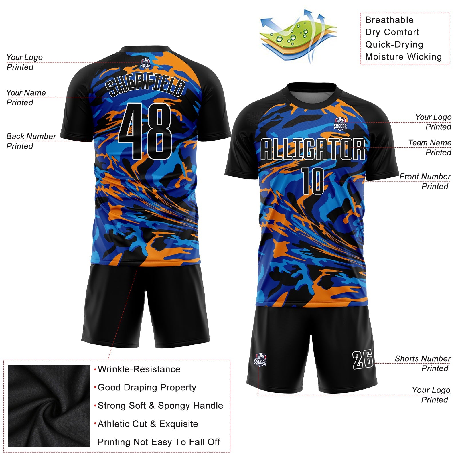 Custom Black Black Royal-Orange Sublimation Soccer Uniform Jersey view 3