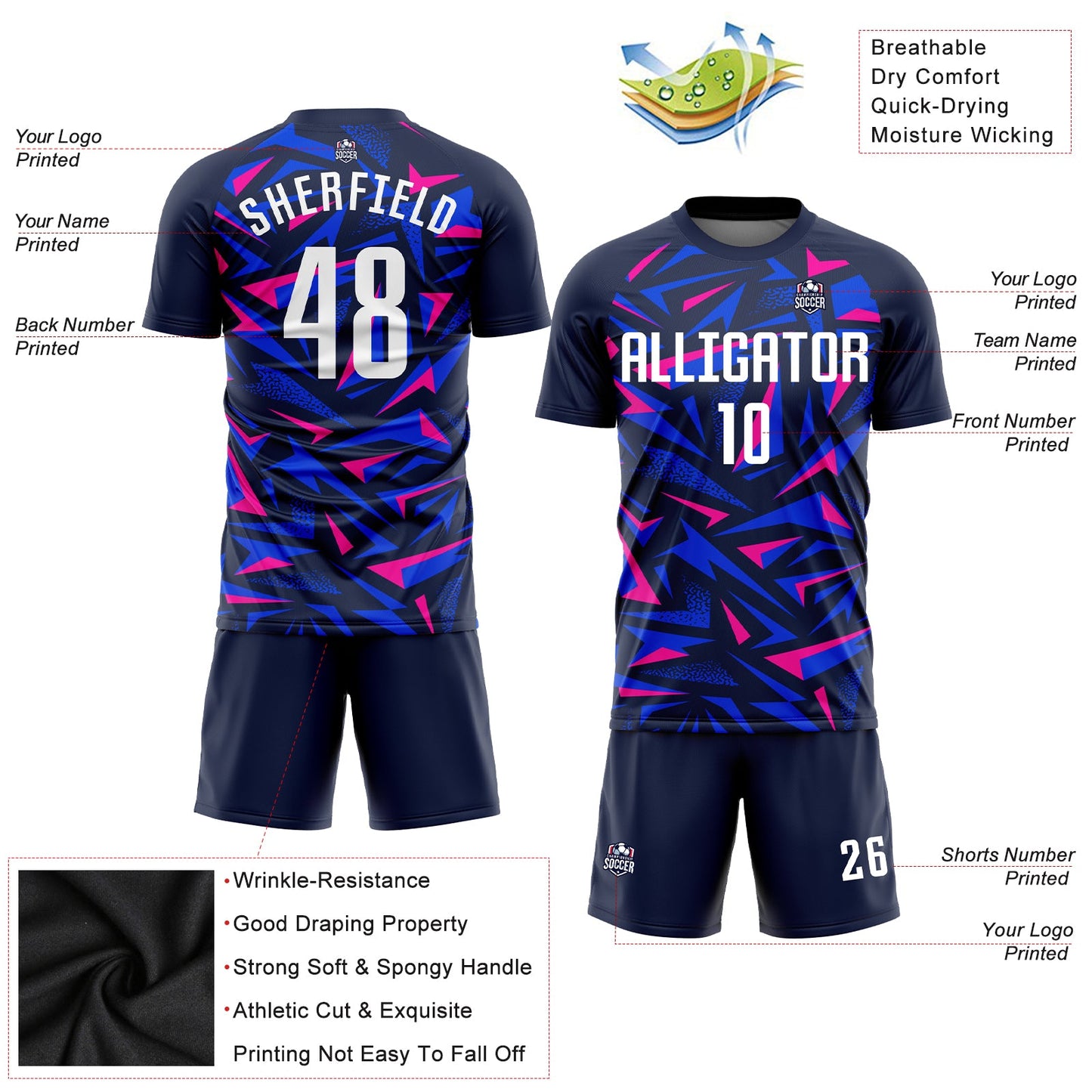 Custom Navy White-Pink Sublimation Soccer Uniform Jersey view 5