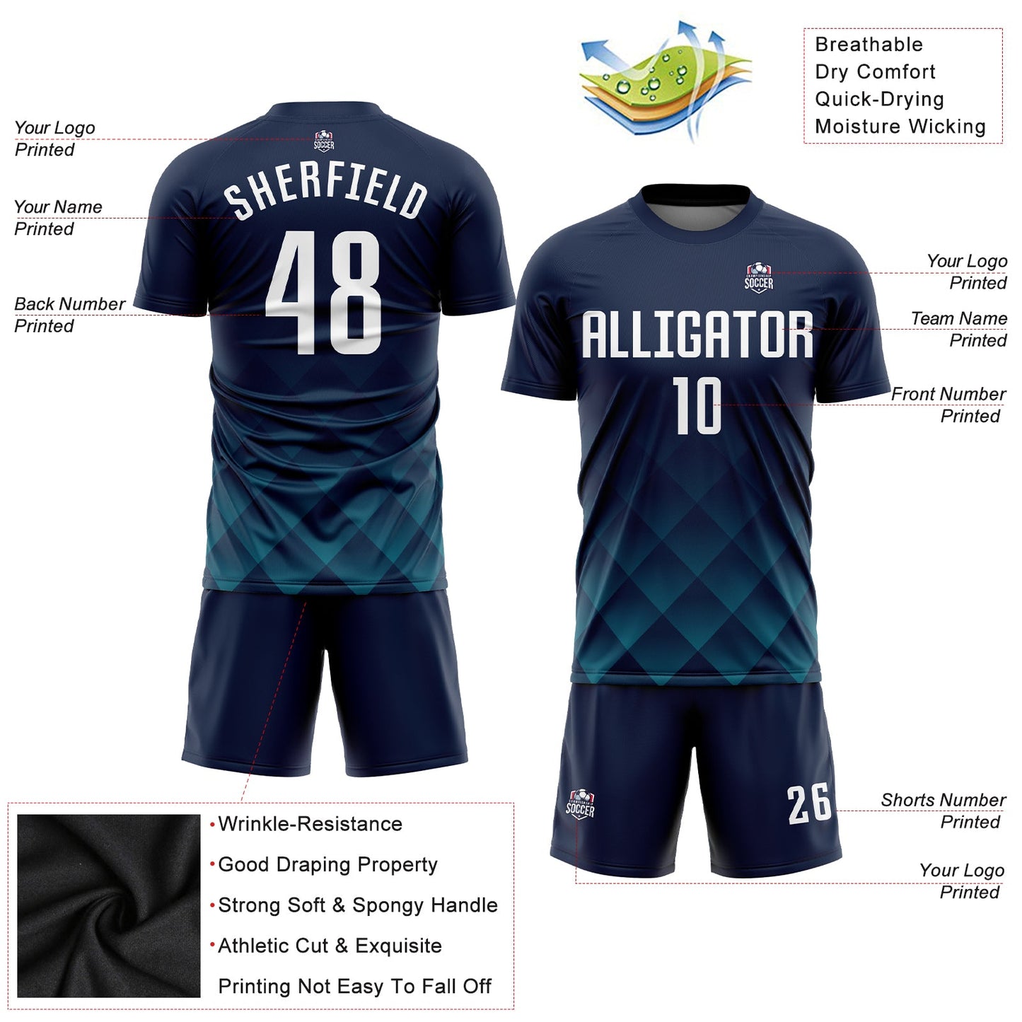 Custom Navy White-Teal Sublimation Soccer Uniform Jersey view 5