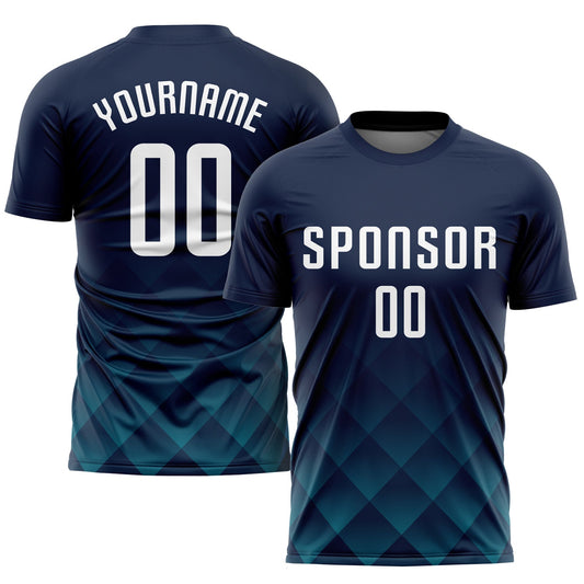 Custom Navy White-Teal Sublimation Soccer Uniform Jersey - Main View