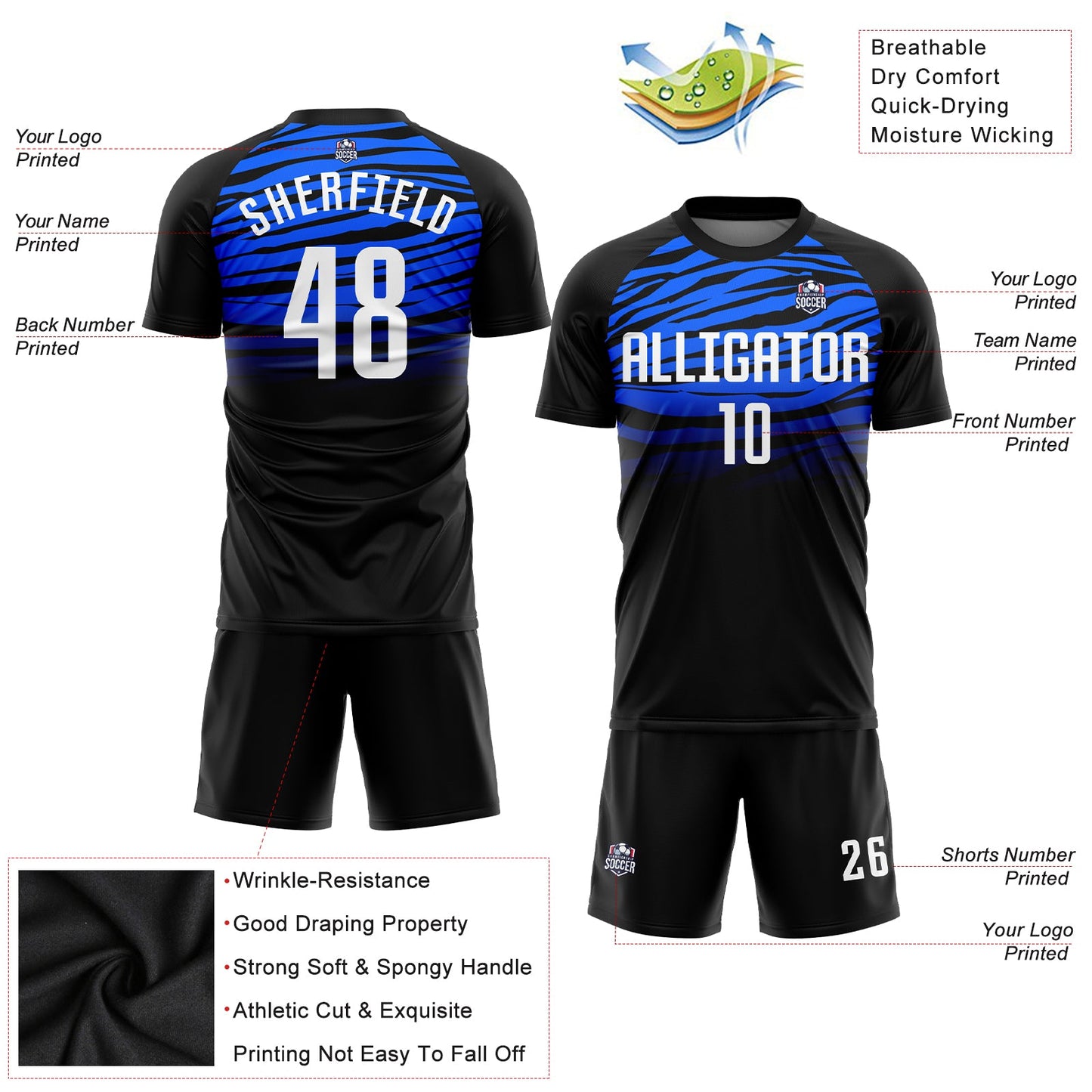 Custom Black White-Royal Sublimation Soccer Uniform Jersey view 3