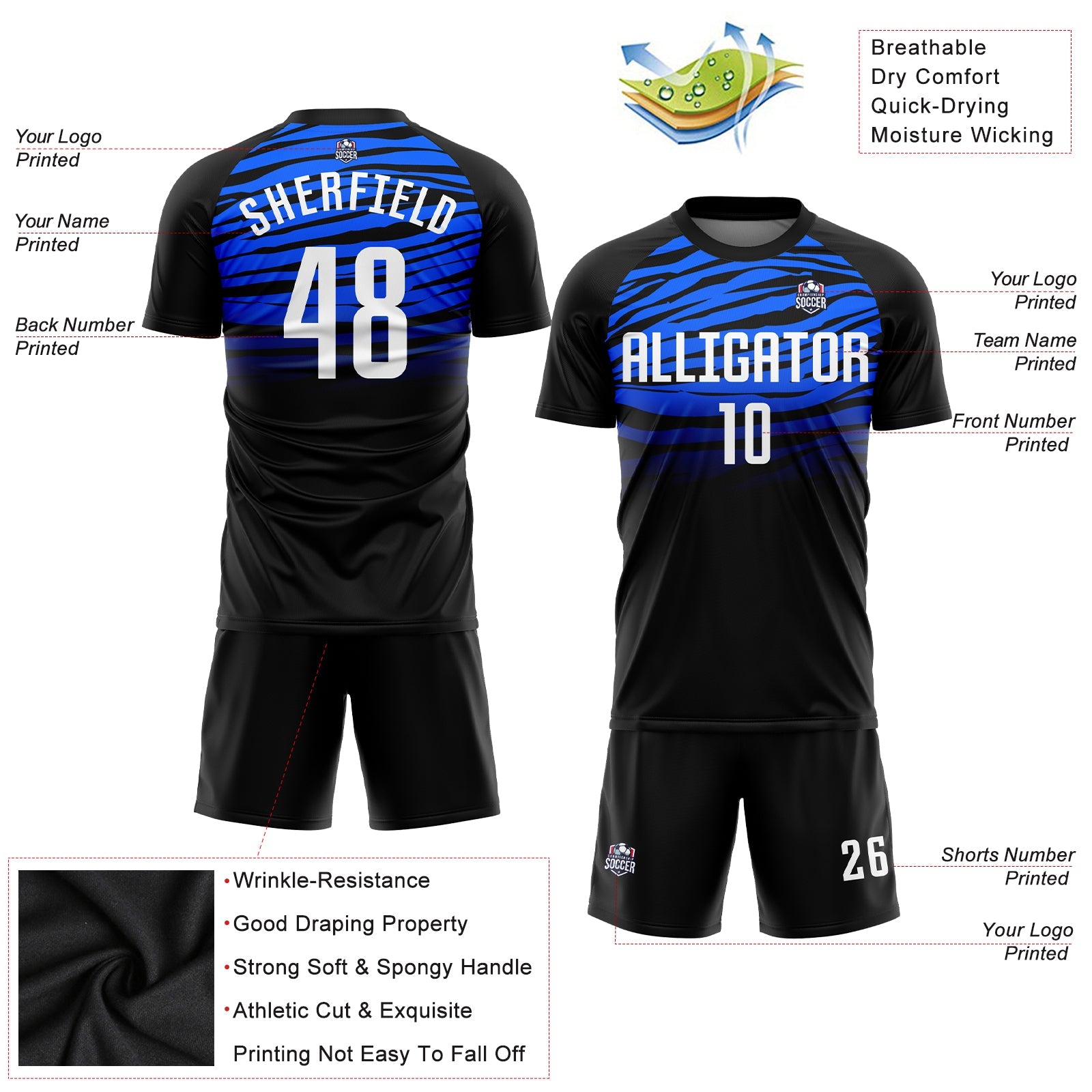 Custom Black White-Royal Sublimation Soccer Uniform Jersey view 3