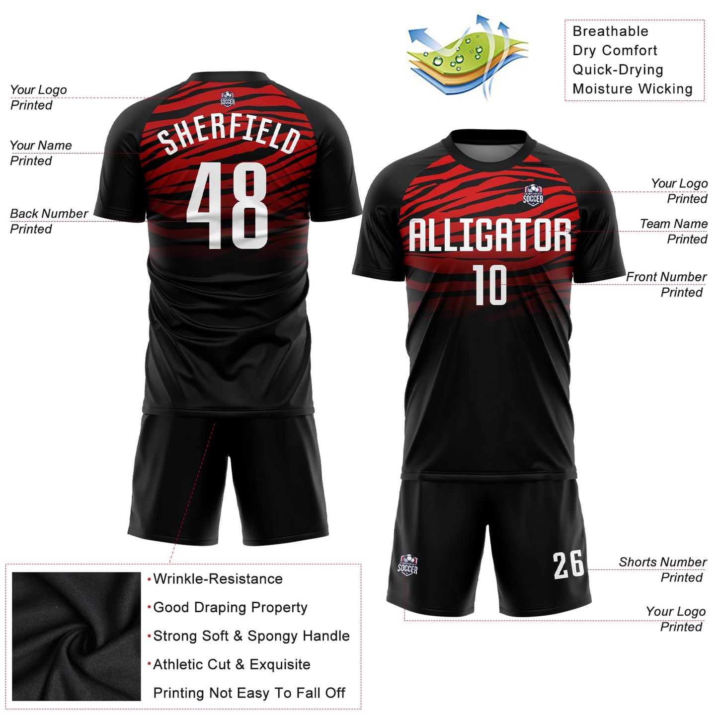 Custom Black White-Red Sublimation Soccer Uniform Jersey view 3
