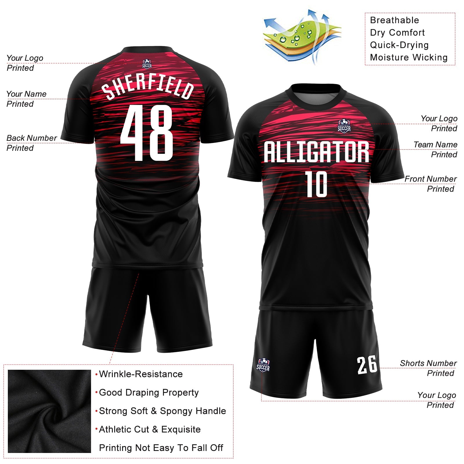 Custom Black White-Red Sublimation Soccer Uniform Jersey view 3