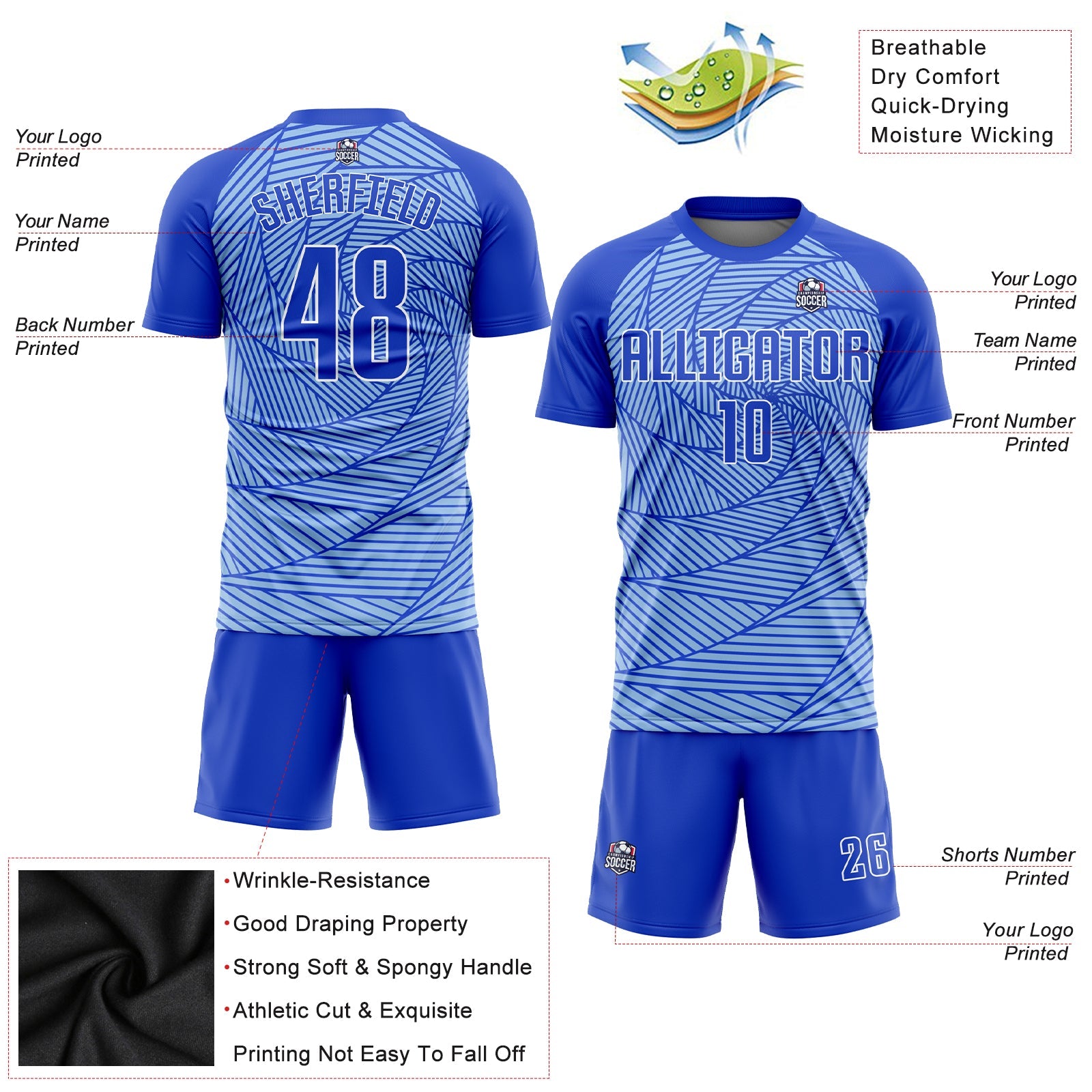 Custom Light Blue Royal-White Sublimation Soccer Uniform Jersey view 3