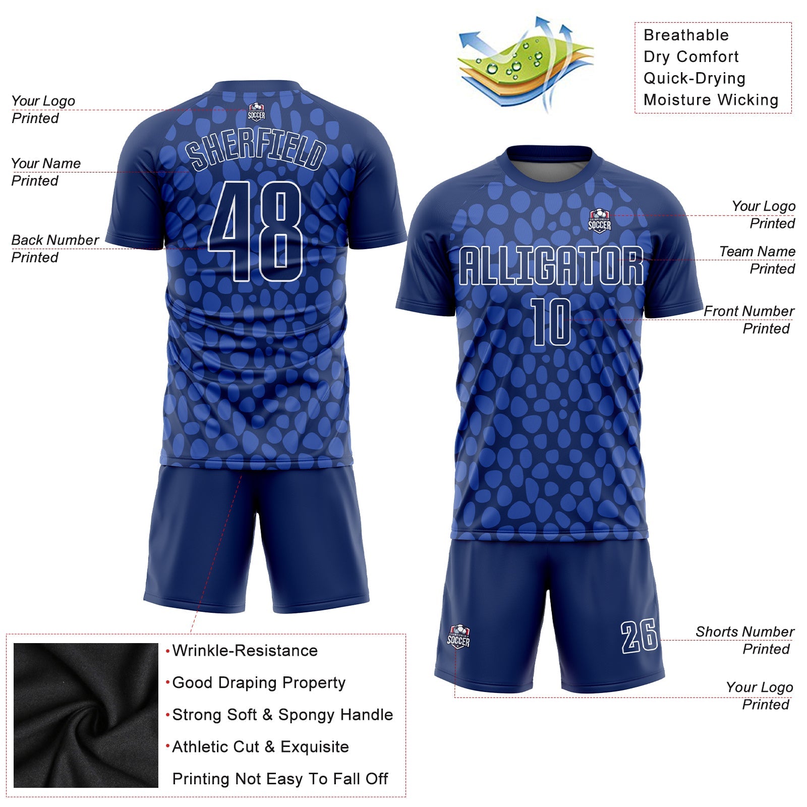 Custom Royal Navy White Sublimation Soccer Uniform Jersey view 3