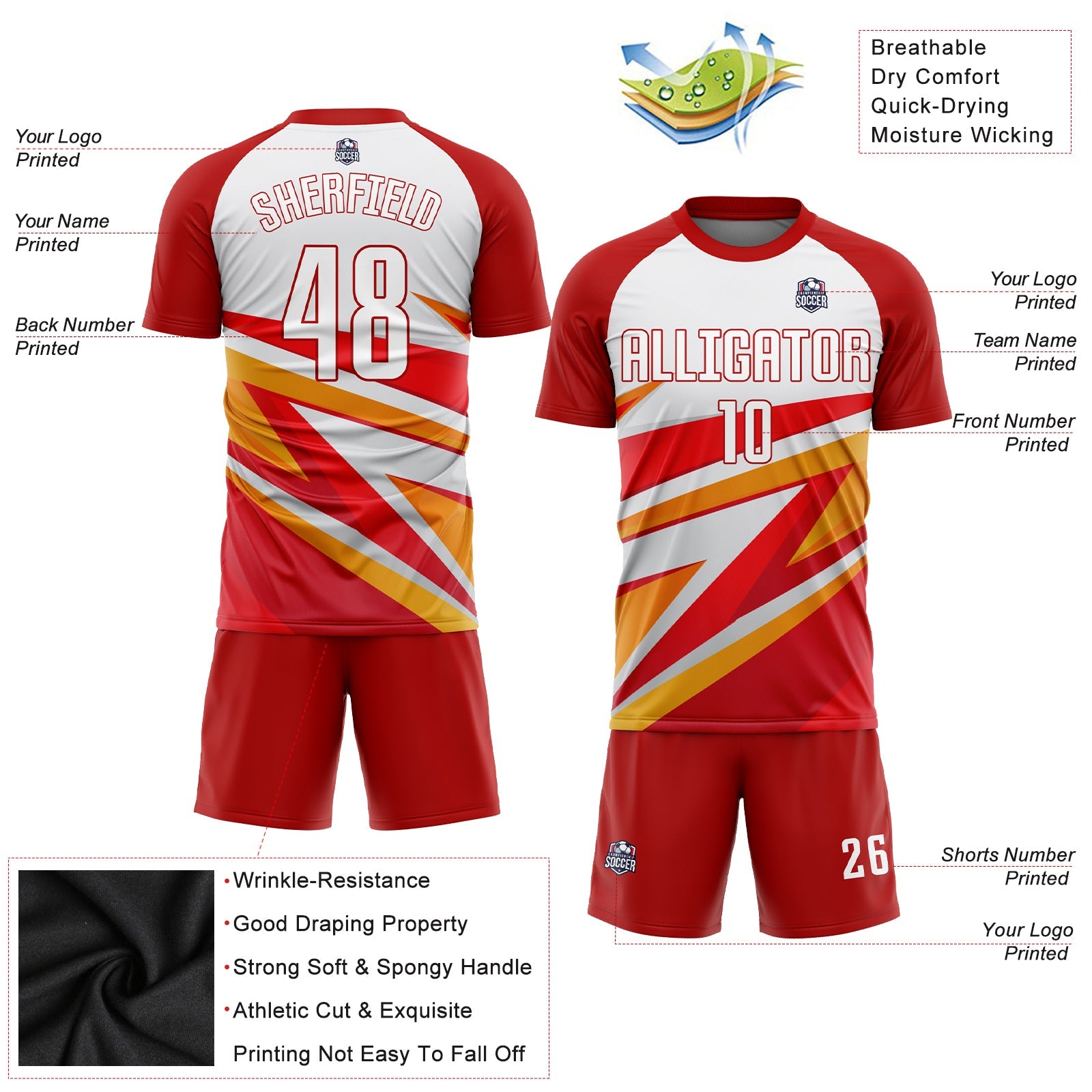 Custom Red White-Gold Sublimation Soccer Uniform Jersey view 3