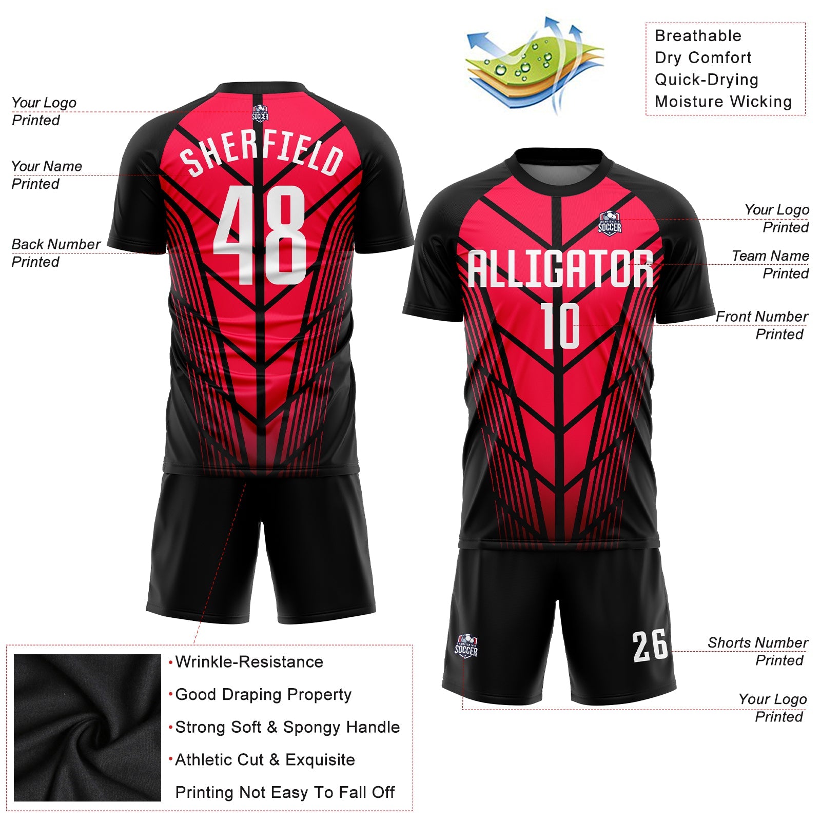Custom Red White-Black Sublimation Soccer Uniform Jersey view 3