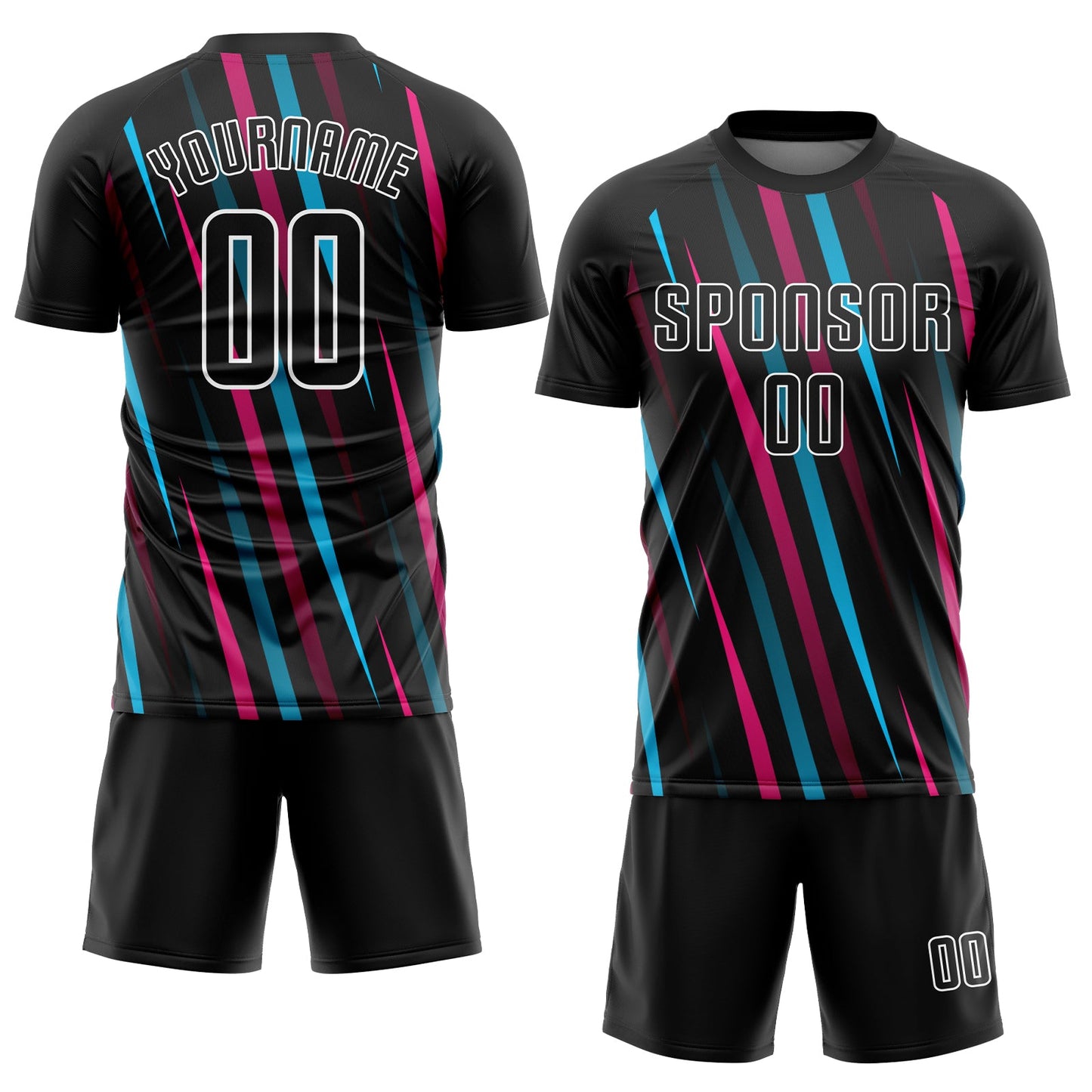 Custom Black Black Light Blue-Pink Sublimation Soccer Uniform Jersey view 2