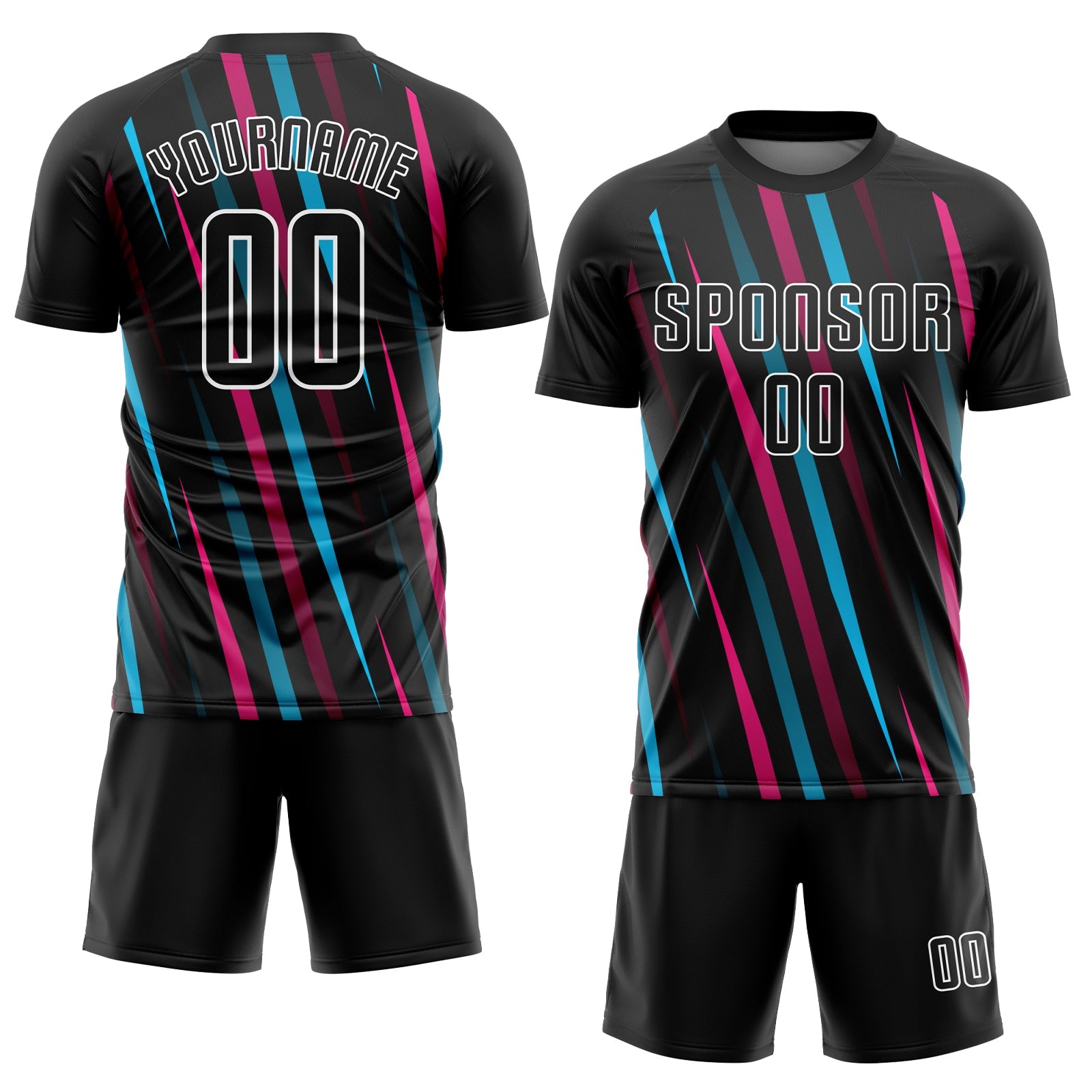 Custom Black Black Light Blue-Pink Sublimation Soccer Uniform Jersey view 2