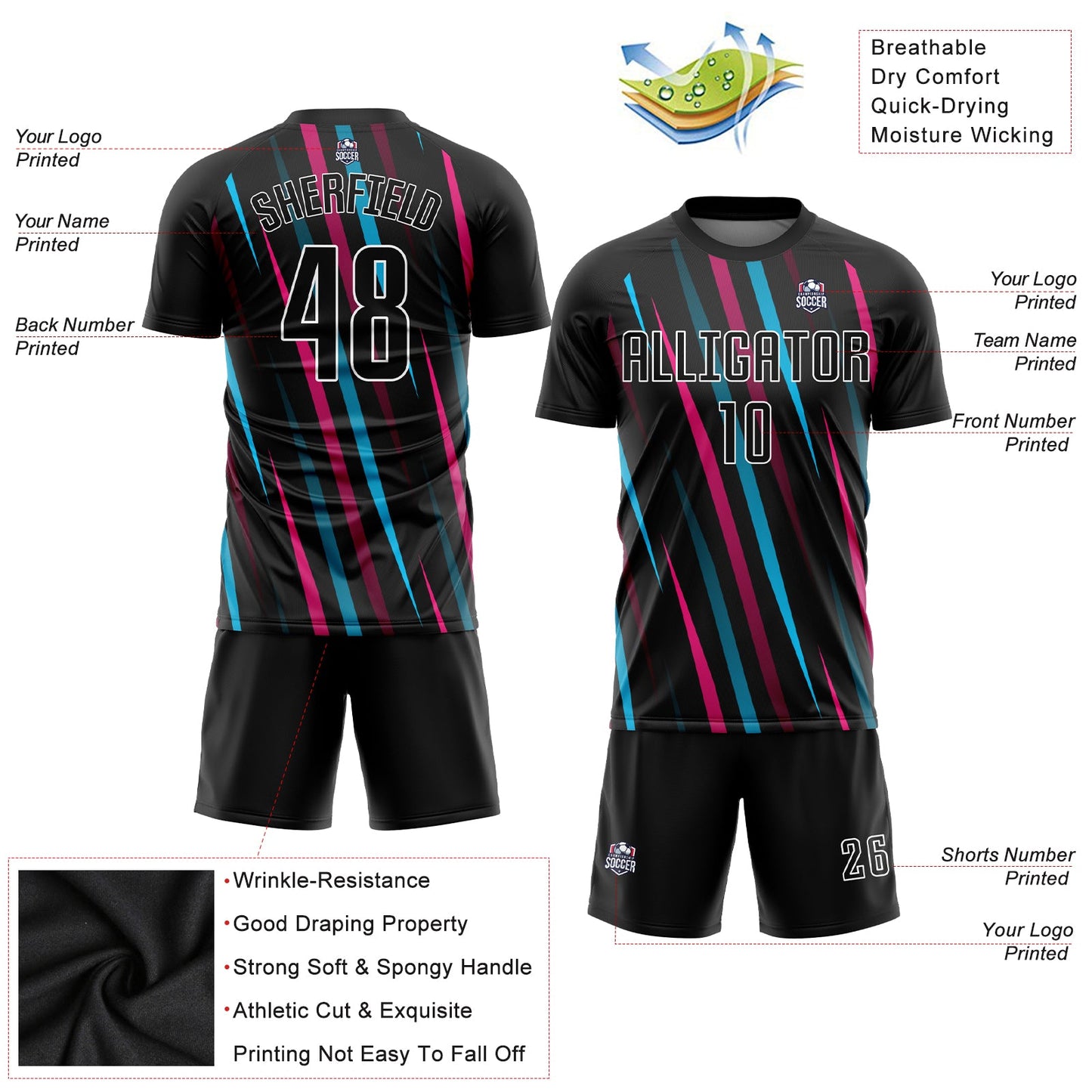 Custom Black Black Light Blue-Pink Sublimation Soccer Uniform Jersey view 3