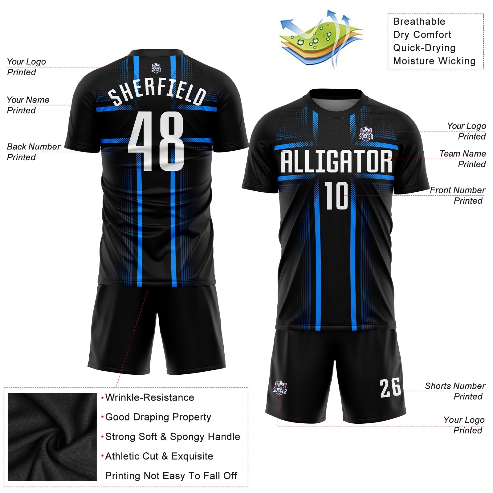 Custom Black White-Light Blue Sublimation Soccer Uniform Jersey view 3