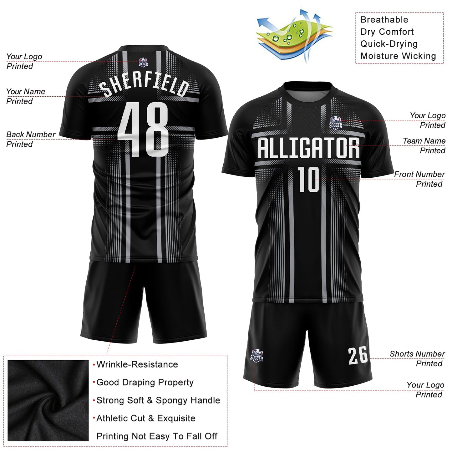 Custom Black White-Gray Sublimation Soccer Uniform Jersey view 3