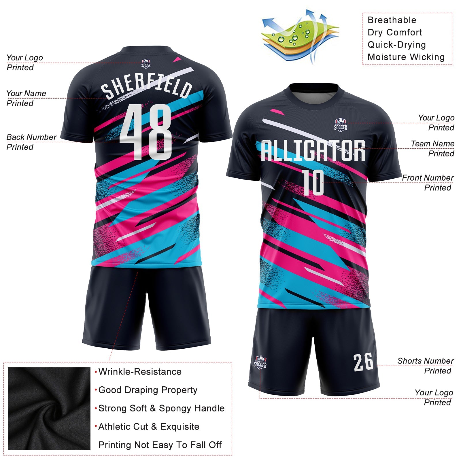 Custom Navy White Pink-Light Blue Sublimation Soccer Uniform Jersey view 3