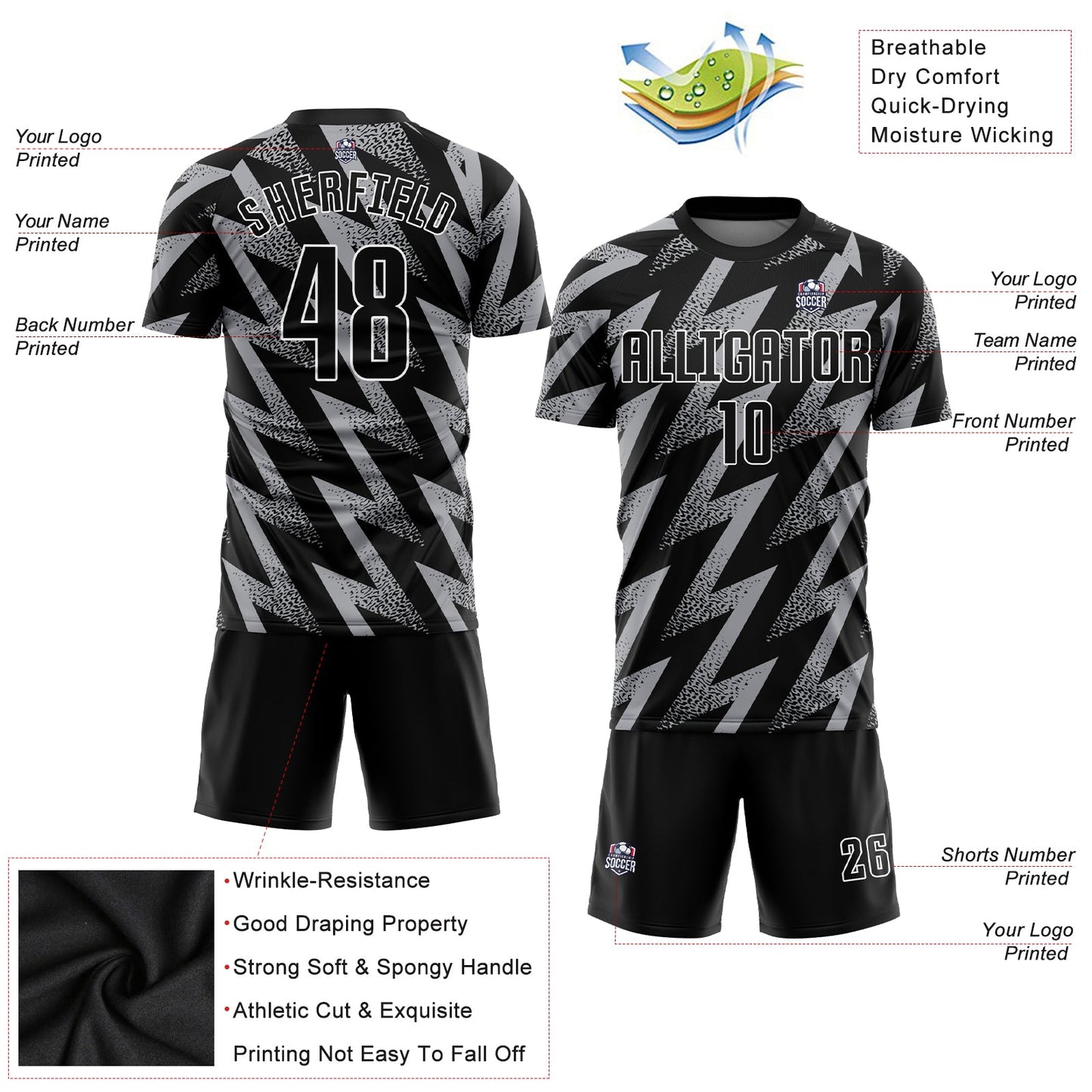 Custom Gray Black-White Sublimation Soccer Uniform Jersey view 3