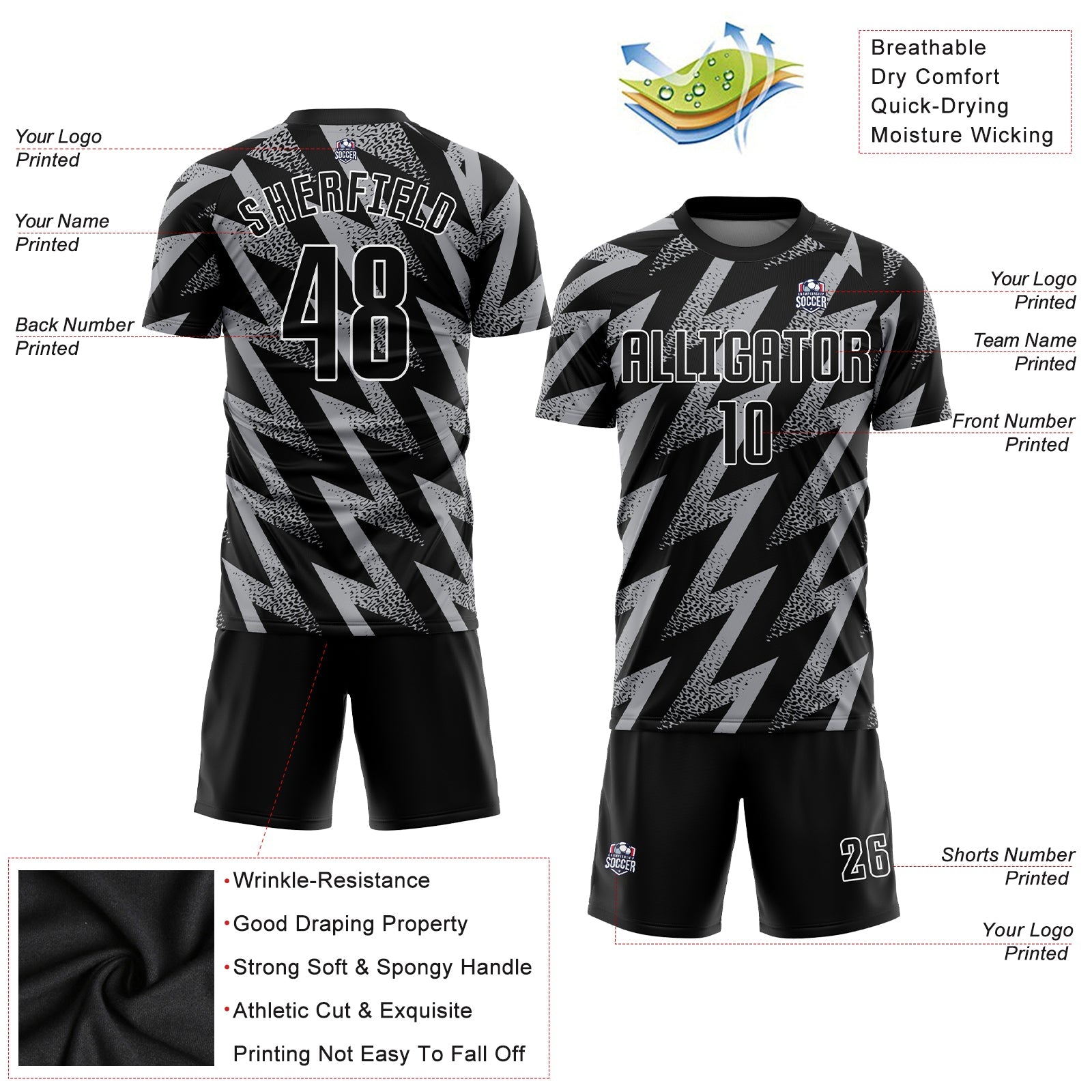 Custom Gray Black-White Sublimation Soccer Uniform Jersey view 3