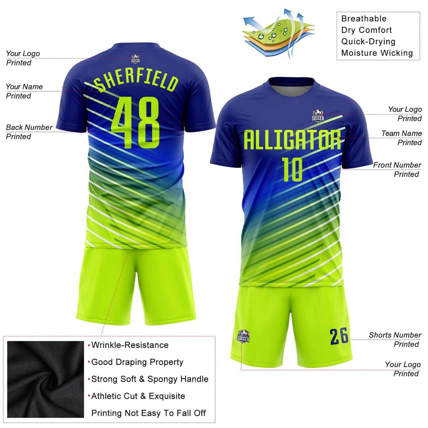 Custom Royal Neon Green Sublimation Soccer Uniform Jersey view 3