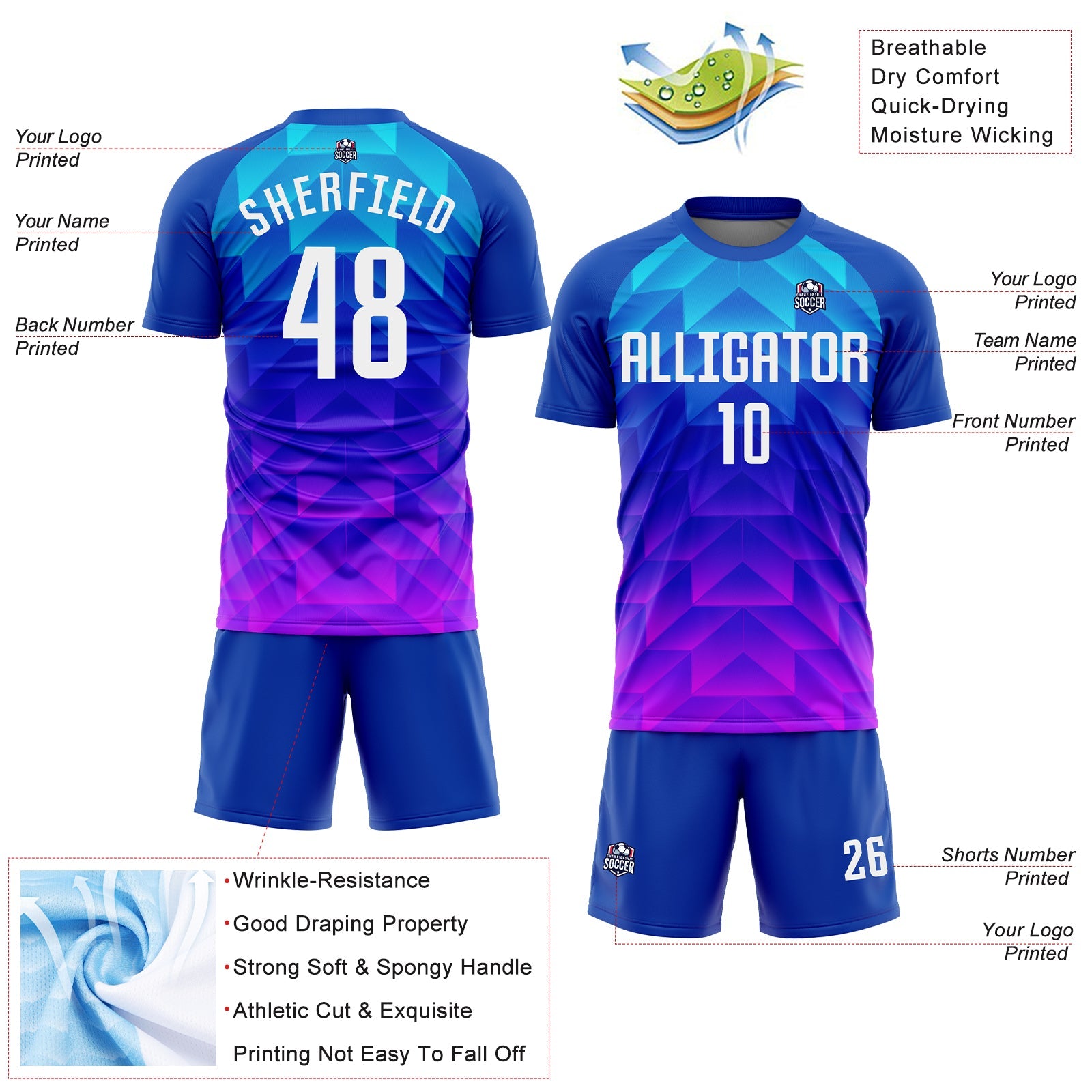 Custom Royal White Light Blue-Hot Pink Sublimation Soccer Uniform Jersey view 5
