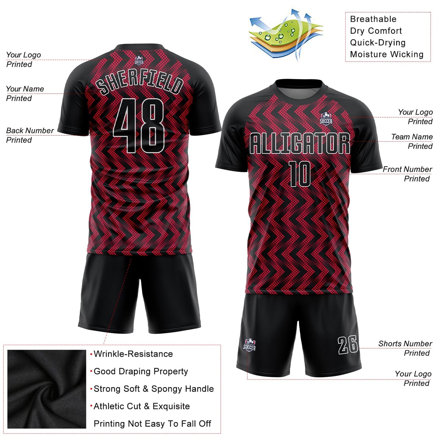 Custom Crimson Black-White Sublimation Soccer Uniform Jersey view 3