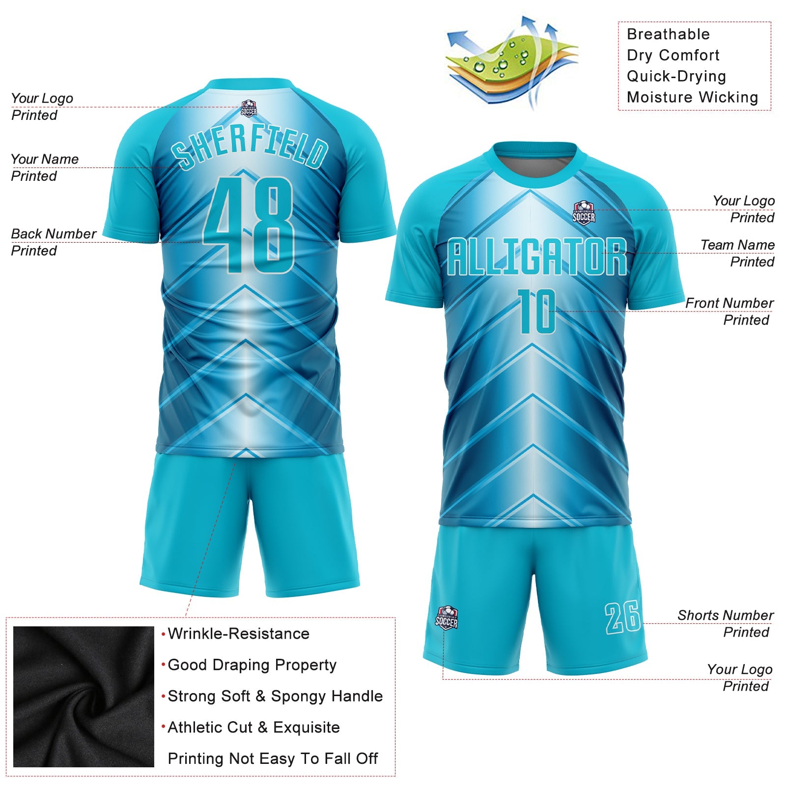 Custom Sky Blue Lakes Blue-White Sublimation Soccer Uniform Jersey view 3