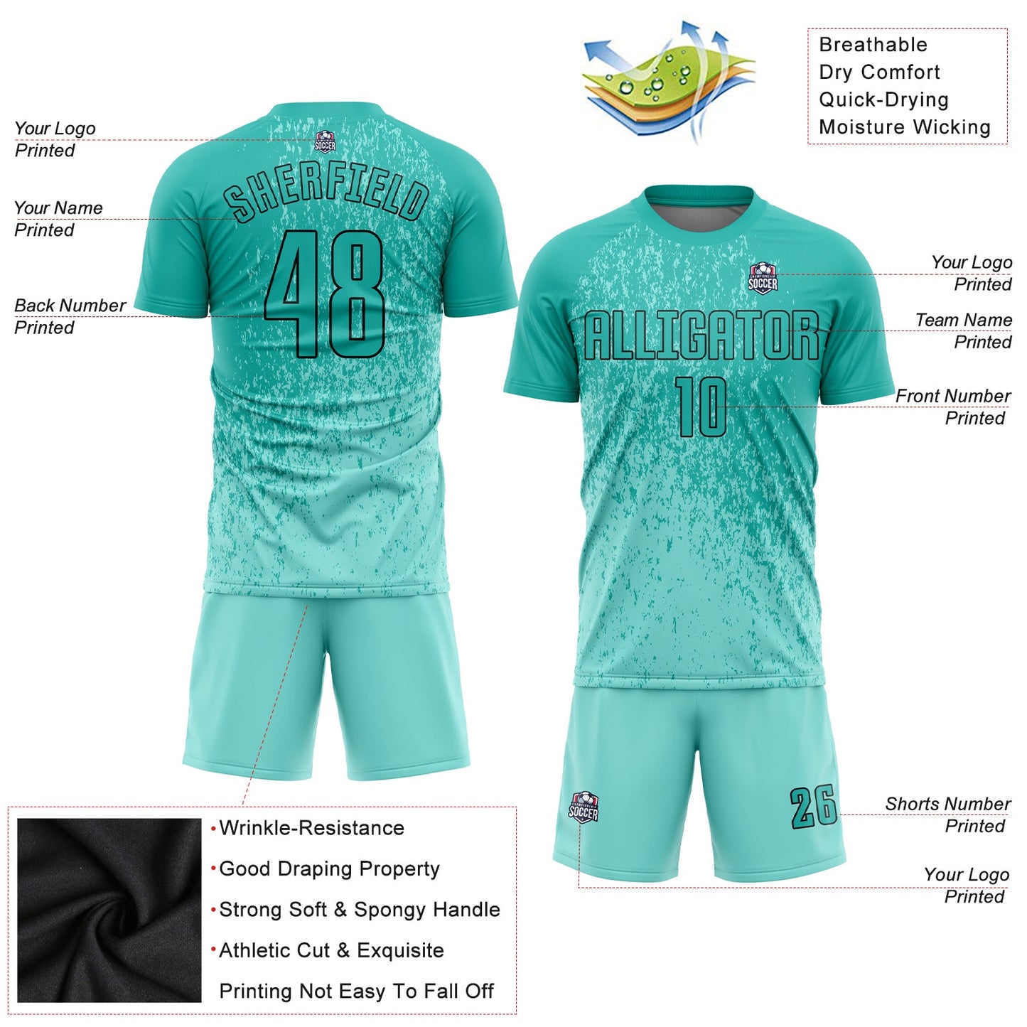 Custom Aqua Aqua-Black Sublimation Soccer Uniform Jersey view 5